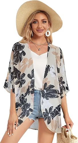 Miniatura 3 de Cárdigan estilo kimono con estampado floral y manga holgada, para mujer, blusa informal, salida de baño