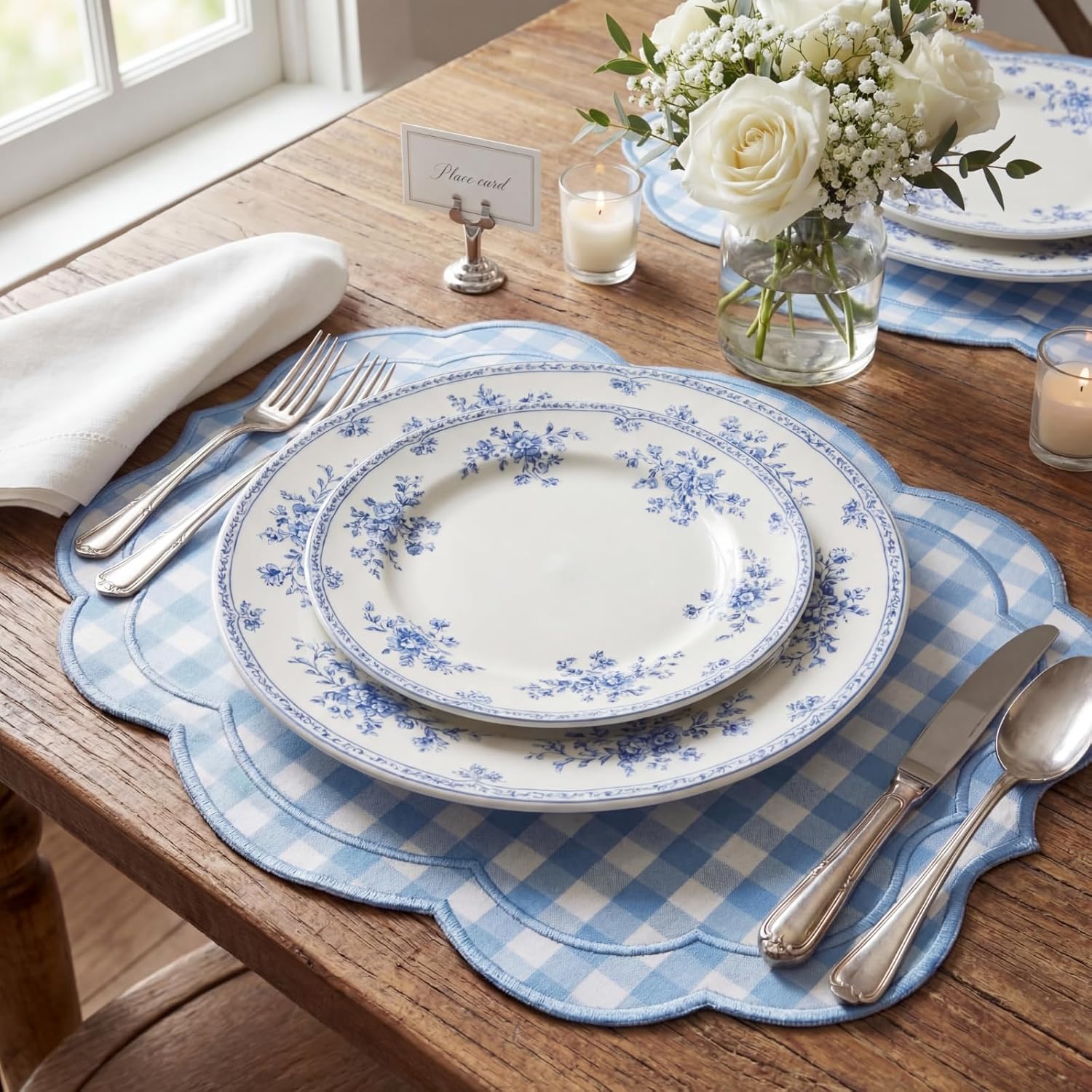 Condition photo showing New/Like New for breling set of 6 blue gingham placemats scalloped embroidered cotton linen placemats 17" x 13" double layered machine washable table place mat for wedding birthday baby shower party table decor