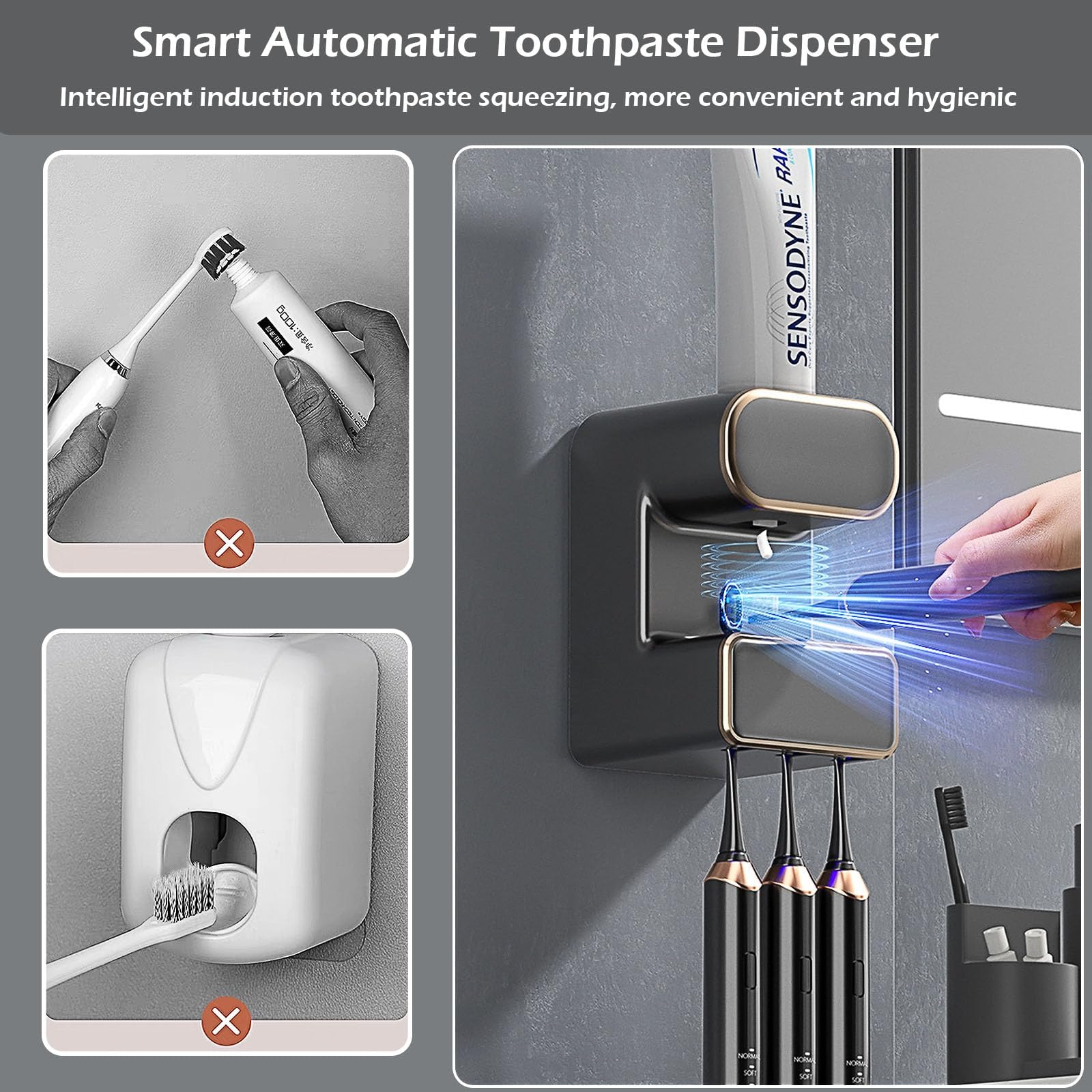 Dispensador automático de pasta de dientes, dispensador de pasta de dientes eléctrico multifunción, dispensador de pasta de dientes montado en la pared con 3 ranuras para cepillo, organizador de