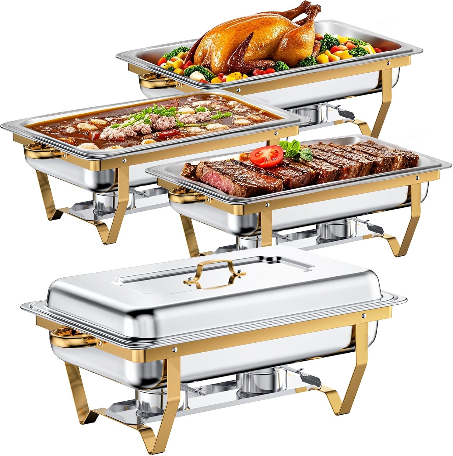 8QT 4 Pack Gold Chafing Dishes for Buffet | Chafing Dish Buffet Set, Stainless Steel Catering Warmer Server with 4 Full Size Pans for Home Party Wedding Buffets