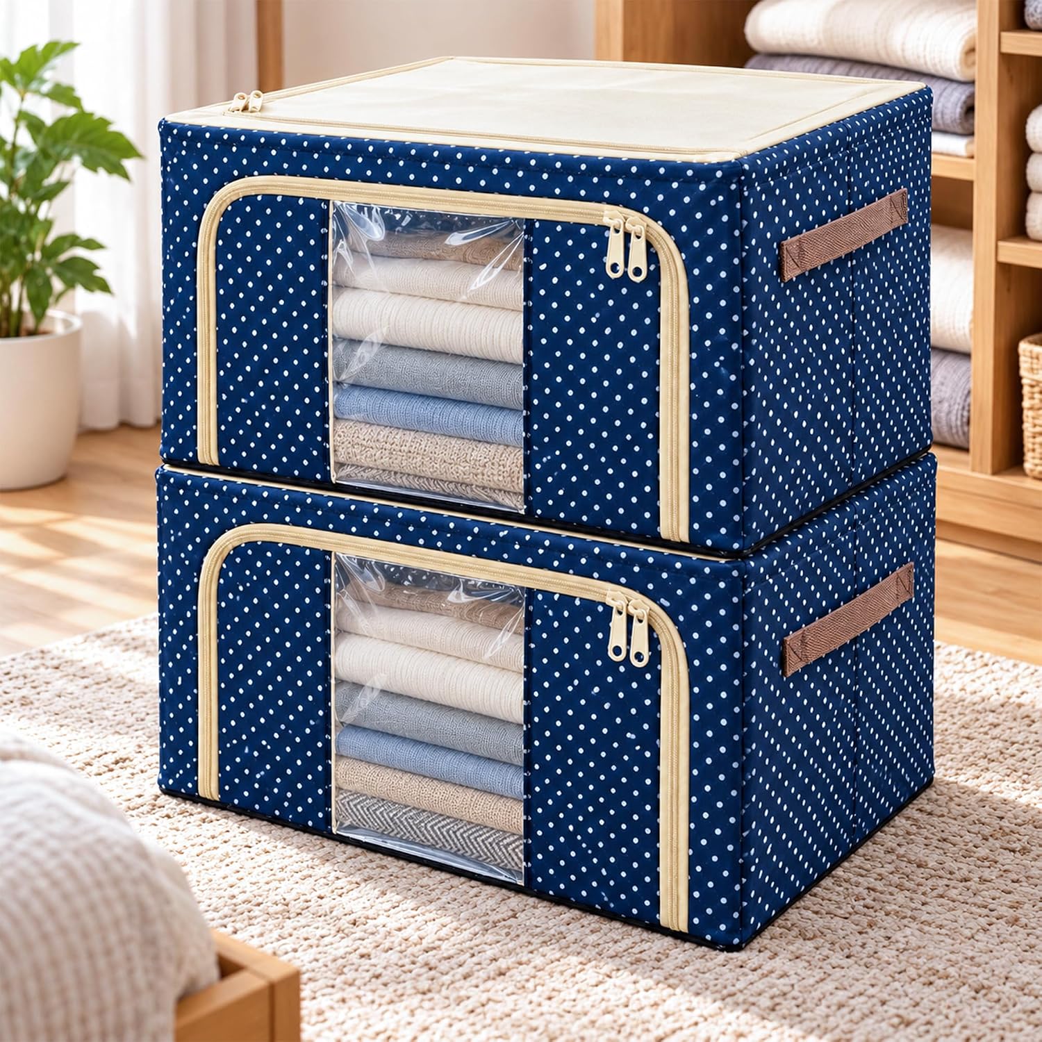 CLAPONE Folding Steel Frame Cloth Organizer Storage Box and Organizer/Wardrobe Organizer Storage/Wardrobe for Saree/Shirt/Blanket/Clothes Storage Box (Blue, 66 Ltr - Pack of 2)