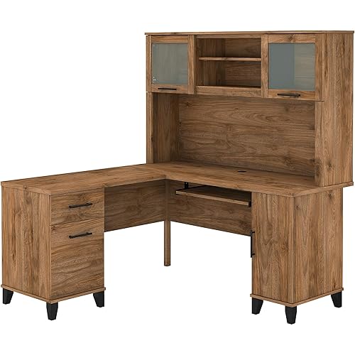 Bush Home Somerset 60W L Shaped Desk with Hutch in Fresh Walnut