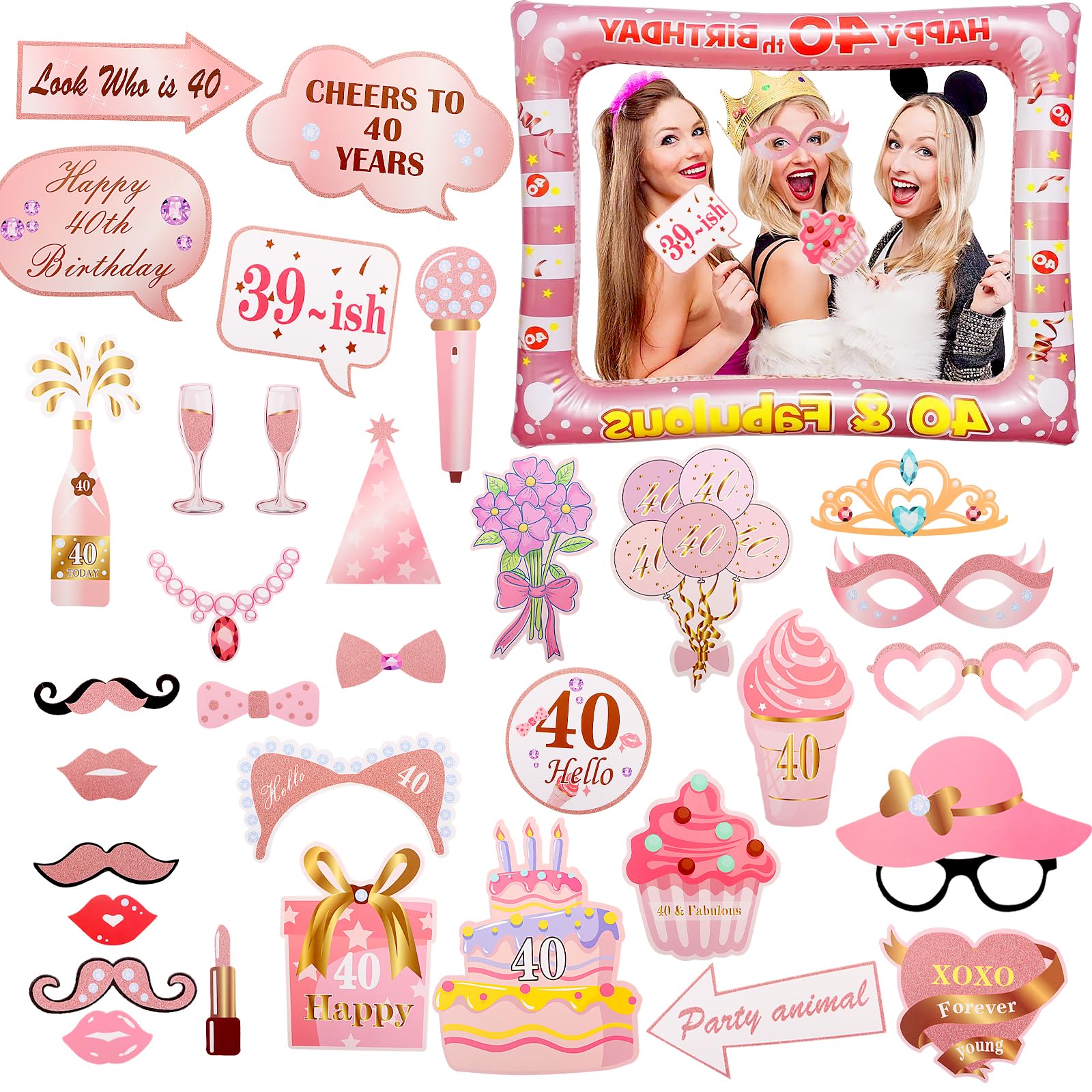 Jiusely Women's Pink 40Th 40Th Birthday Photo Booth Props, Rose Gold Birthday Decorations For Giant Inflatable Selfie Frame, 33Pcs Birthday Party Photo Props For 40Th Birthday Party Decorations And Gifts