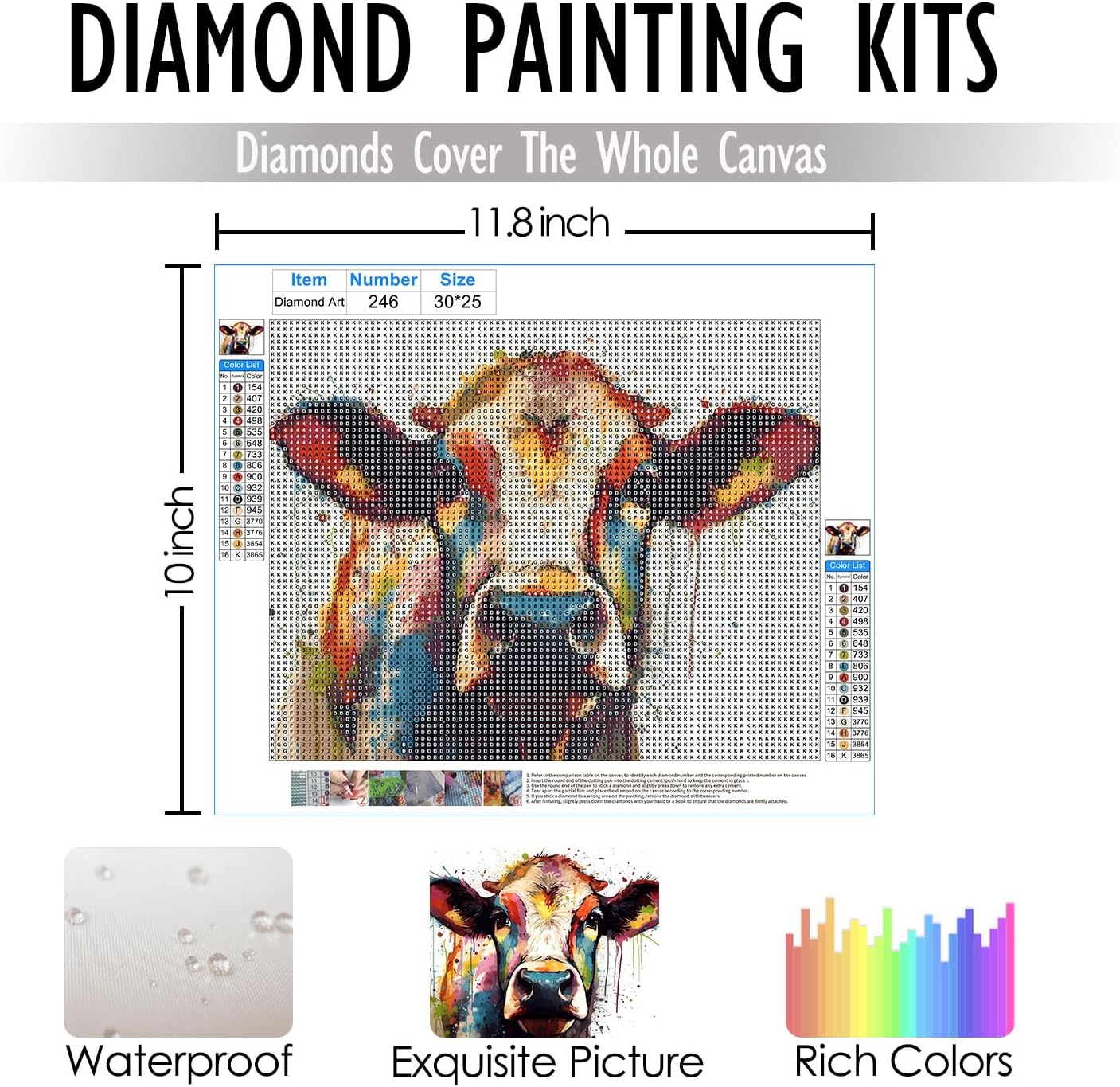 RLTXBUK Cow Diamond Art Kits, Watercolor Farm Animal Gem Diamond Painting Art Kits for Adults Kids Beginners, Gifts for Cow Lovers, 9.8x11.8 Inch image 2