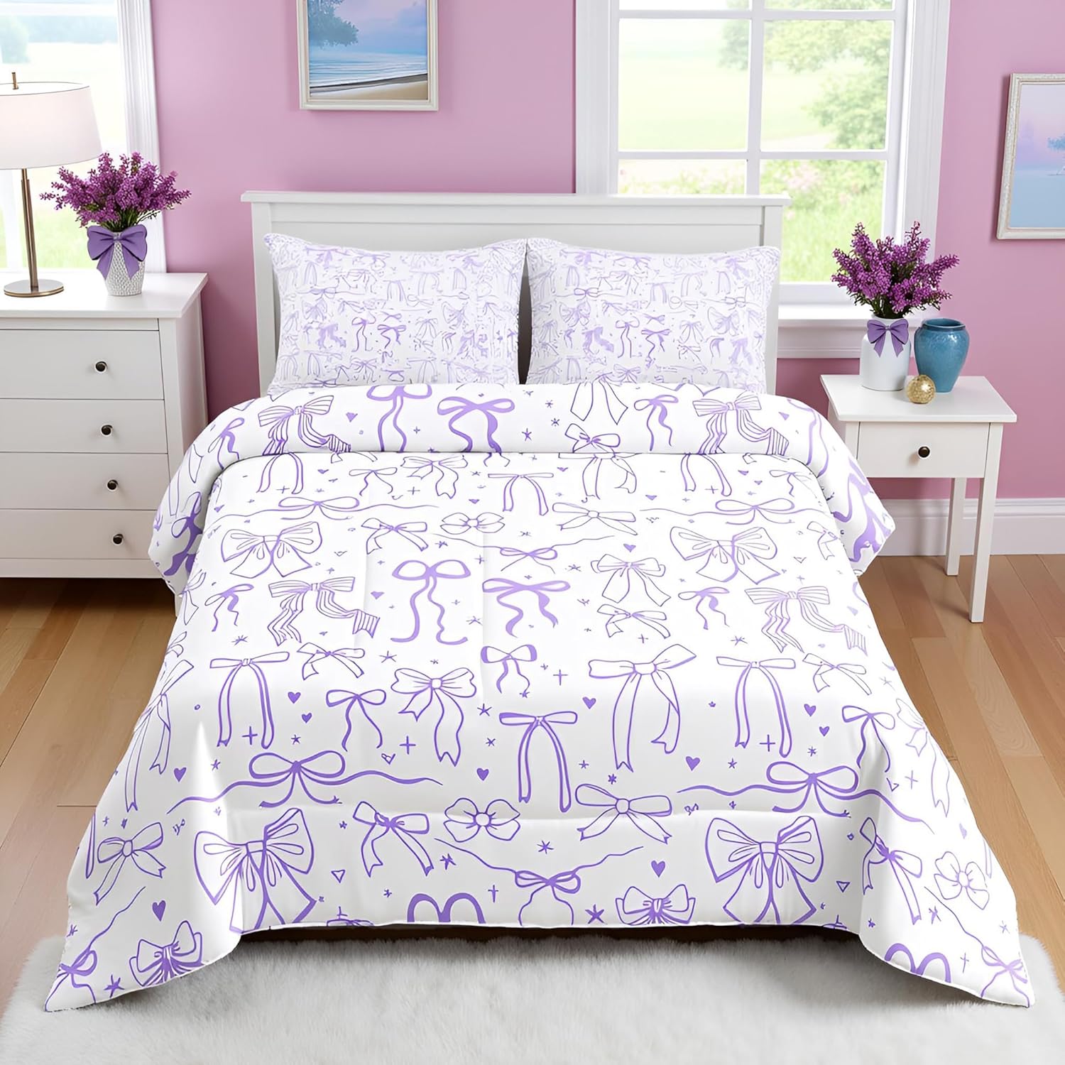 Purple Bowknots Comforter Set Queen Size,Cartoon Hand Drawn Stars Love Bow Bedding Set,Kawaii Princess Style Quilt Set for Kids Girls Women Teens Room Decor,Romantic Duvet Insert,2 Pillowcases