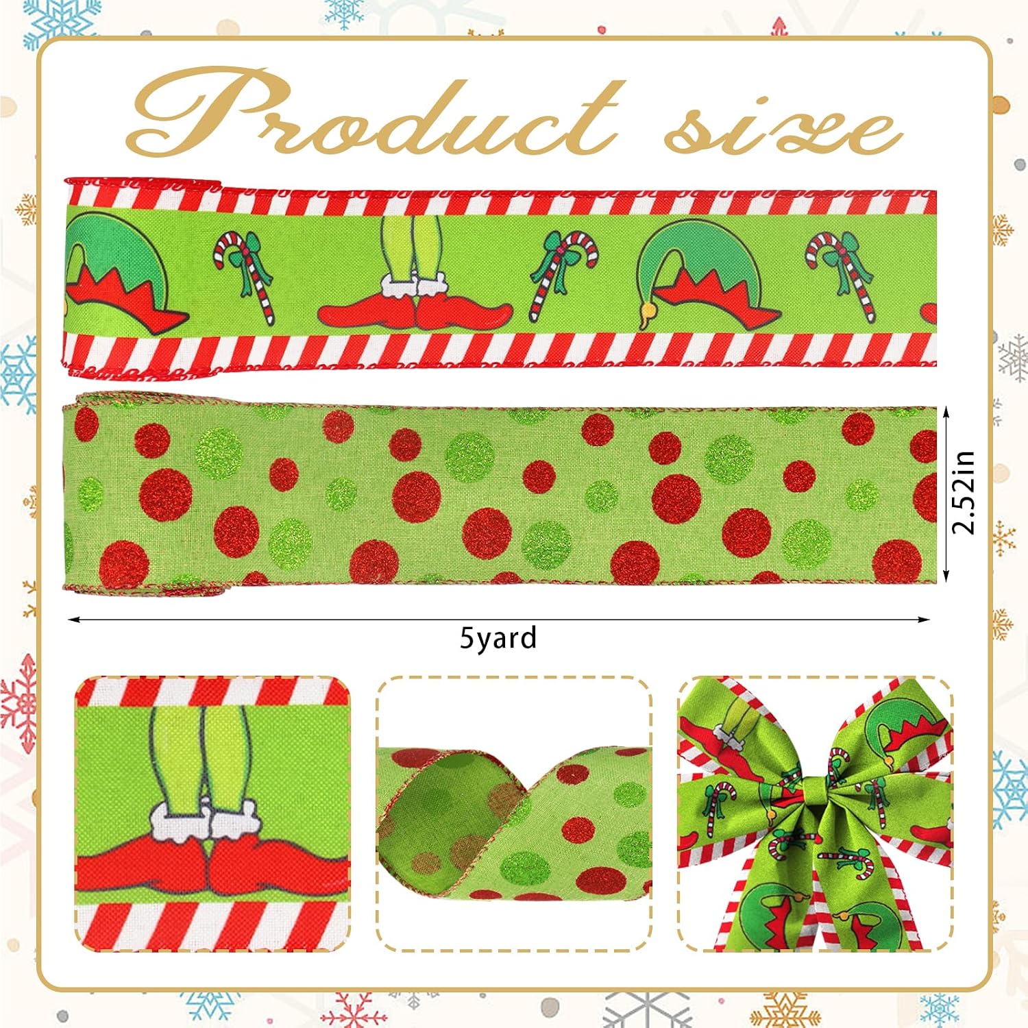 2 Rolls Christmas Ribbon for Wreath Bow Wrapping Gifts, Green Dots Monster Ribbon for Gift Wrapping Party Supplies Decoration DIY Crafts 2.5" X 10 Yard Wired Winter Christmas Wreath Ribbon image 2