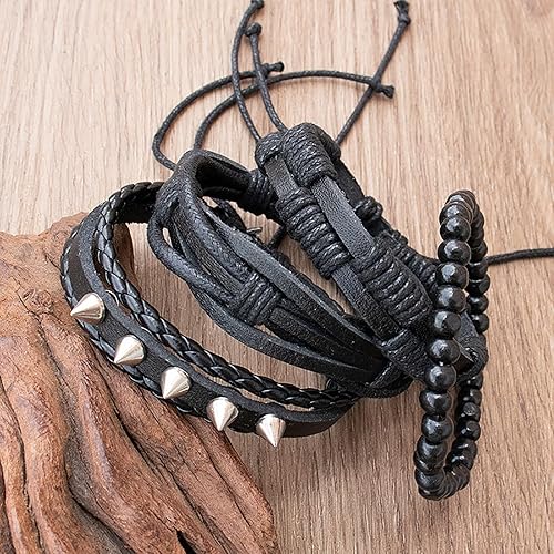 Miniatura 2 de Pulsera de cuero genuino Pulsera trenzada de plumas de cuero negro punk rock pulsera para hombres y mujeres Pulsera de tamaño ajustable