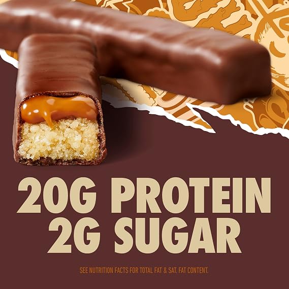 GHOST PROTEIN BAR, CHOCOLATE CARAMEL Flavor, 20G Protein, 2G Sugar, 4 Dual-Bar Packs, 9.2 oz