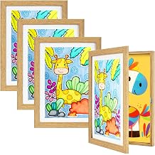 4 Pack Kids Art Frames, 8.5 x 11 Inch Changeable Front Opening, Wood | Artwork Display Storage for Wall Mount, Magnetic Door Holds 150 Art Pieces for Drawings, 3D Picture, Crafts, Portfolio