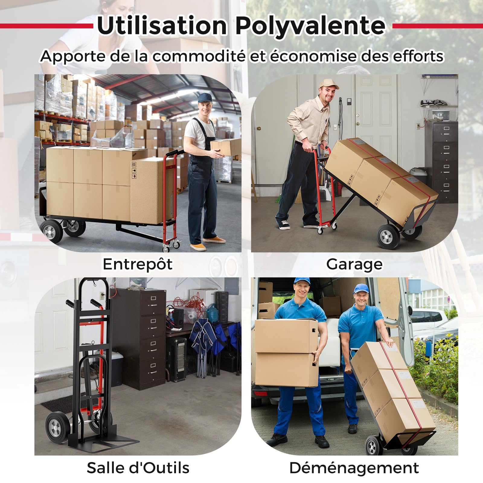 COSTWAY Diable Pliant en Métal 3 en 1 avec 4 Roues en Caoutchouc, Chariot de Transport Industriel Robuste Capacité 450 Kg, Diable Convertible pour Déménagement Entrepôt Maison, Noir+Rouge