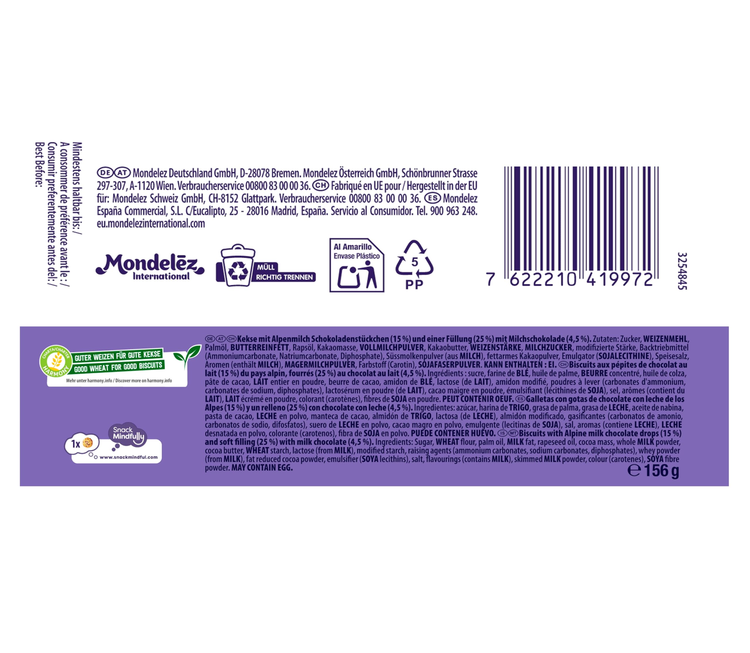 Milka Sensations Galleta Cookie con Pepitas de Chocolate con Leche, Relleno de Chocolate con Leche de los Alpes 156 g