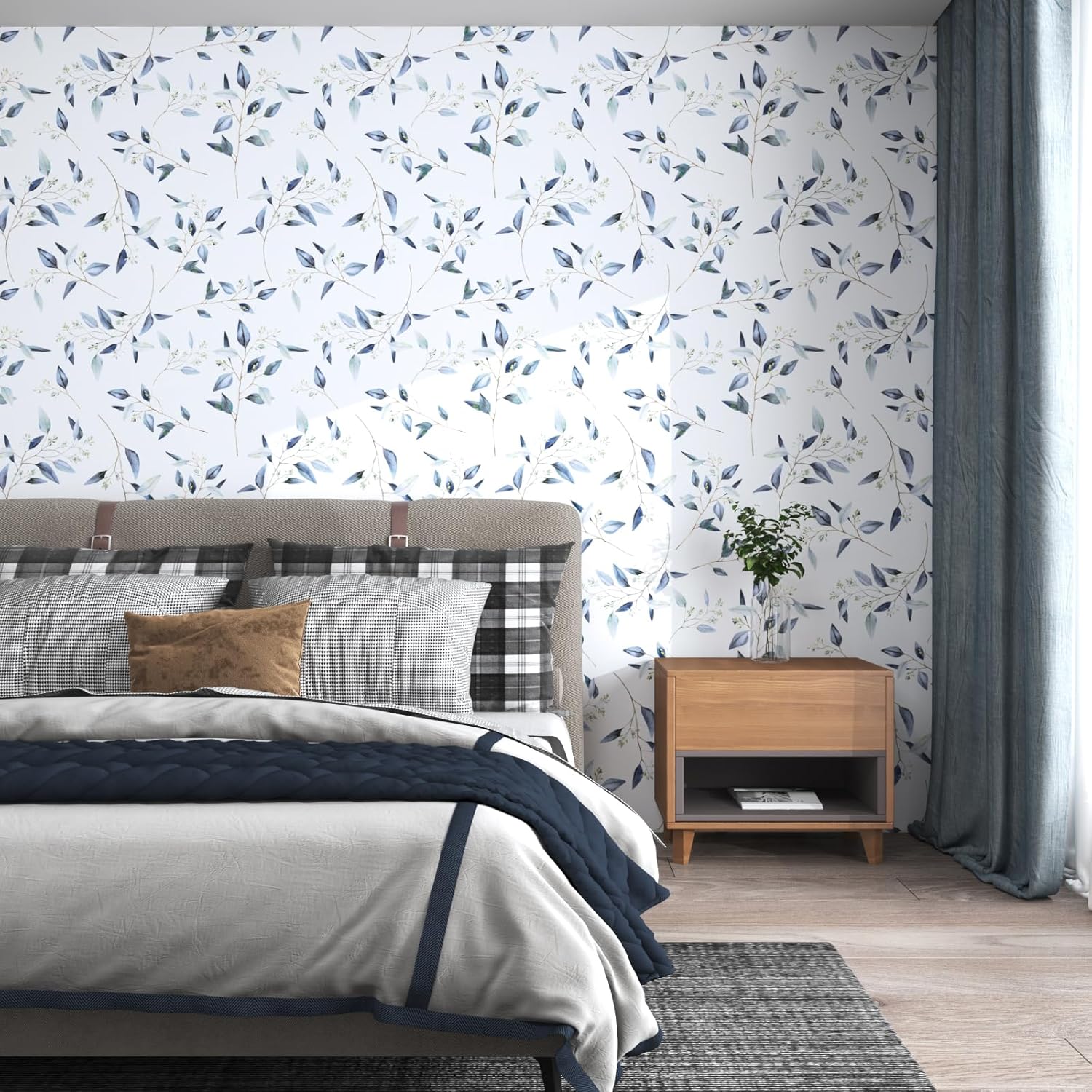 Blue Leaf Contact Paper 17.5In x 393In Boho Leaf Wallpaper Peel and Stick Self Adhesive Farmhouse Vintage Floral Wall Paper for Bedroom Countertop Drawers Decor