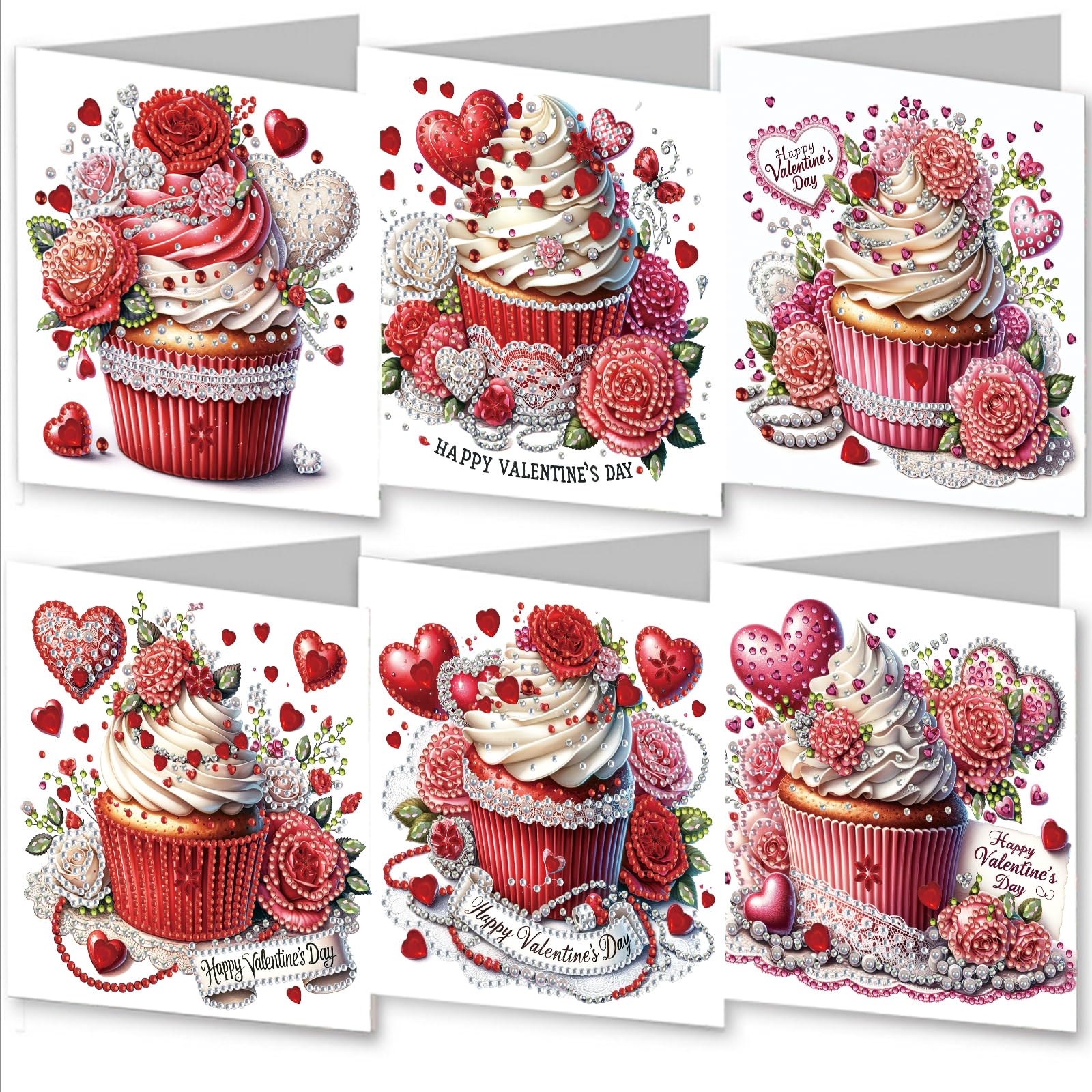 6PCS 5D DIY Diamond Painting Greeting Card Sets with Envelopes - Premium Handmade, Ideal for Birthdays, Holidays & Anniversaries,Valentine's Day Cupcake Rose Heart Patterns (Pink - red)