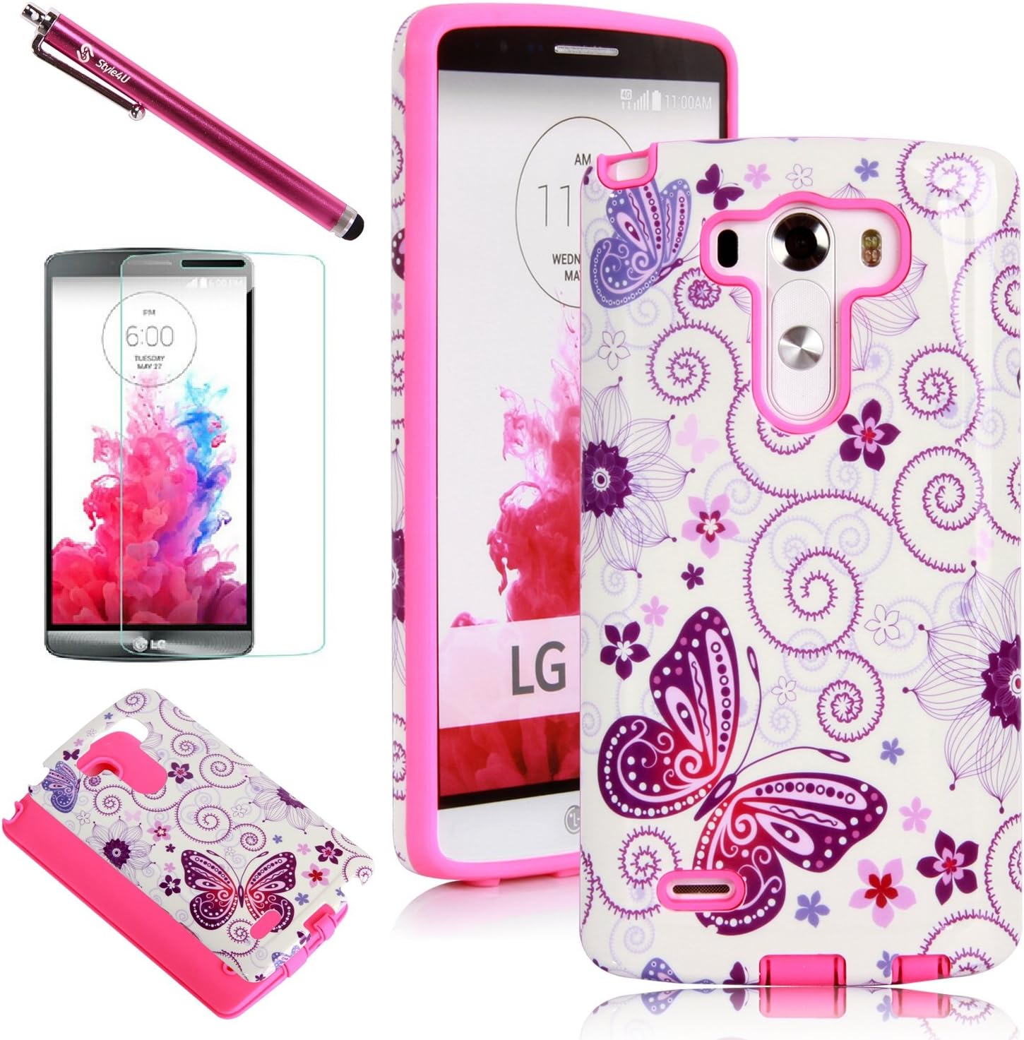 Style4U LG G3 Case, LG G3 Butterfly Case Slim Fit Dual Layer Hybrid Armor Protective Case Cover for LG G3 with 1 Stylus [Hot Pink]