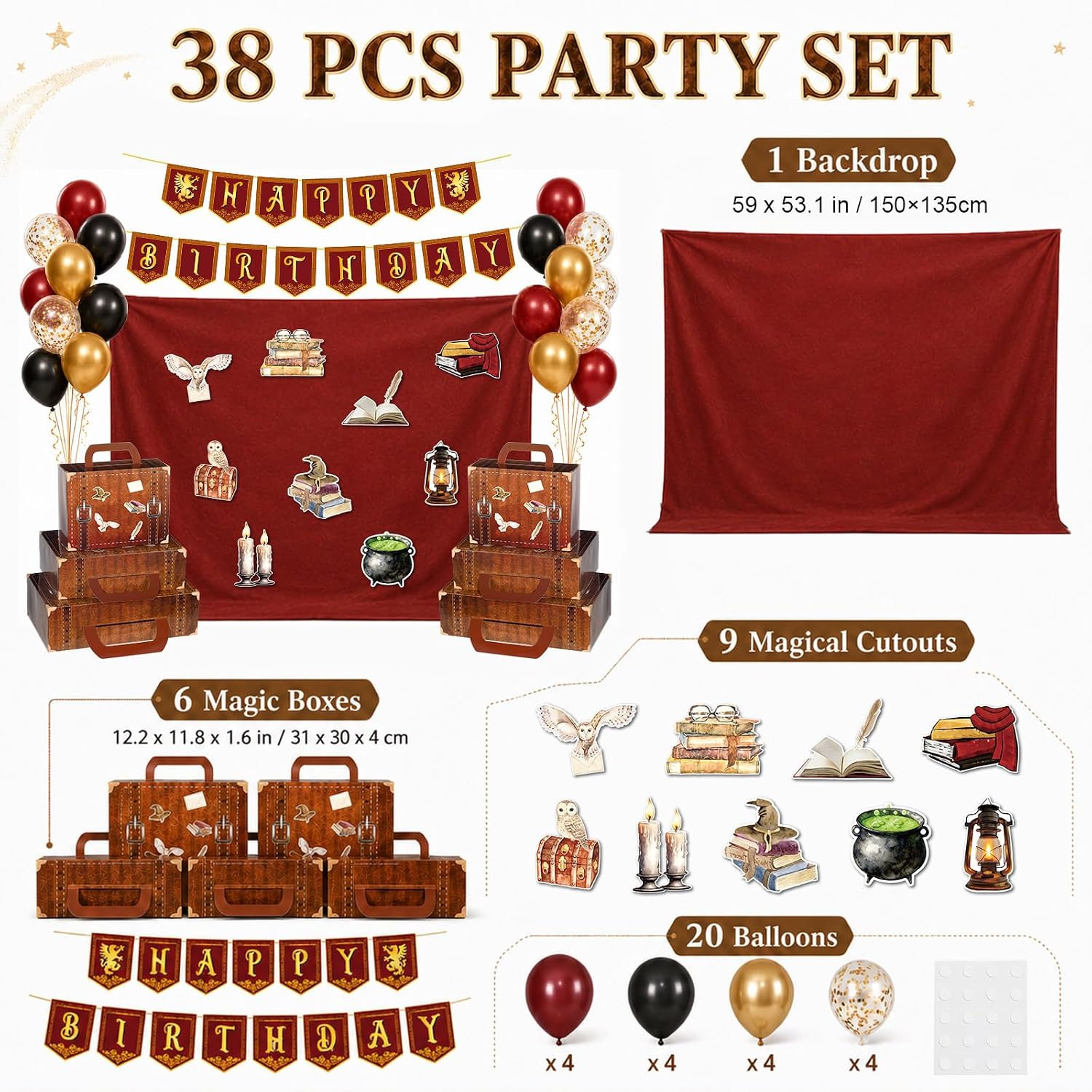 38 Pcs Magical Birthday Party Decorations Red Brick Wall Photo Backdrop Old Red Hanging Banner Magical Cutouts Black Burgundy Gold Balloons Decor for Magic School Vintage Castle Witch Party Supplies
