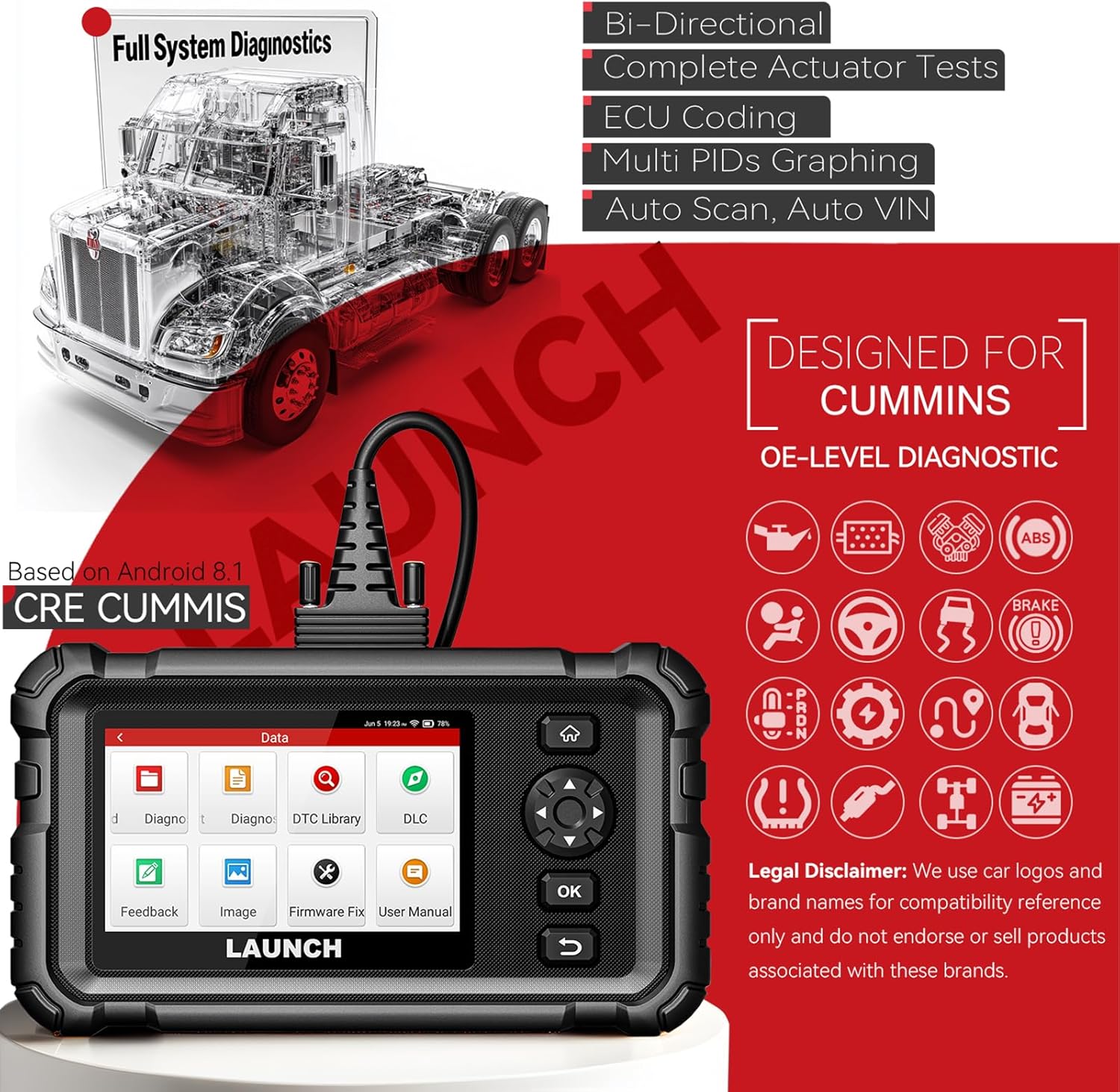LAUNCH Creader Elite HD CRE CUMMIS Full System Heavy Duty Truck Scanner Semi Bidirectional Diesel Diagnostic Scan Tool with DPF Regen, 40+ Reset for Cummins
