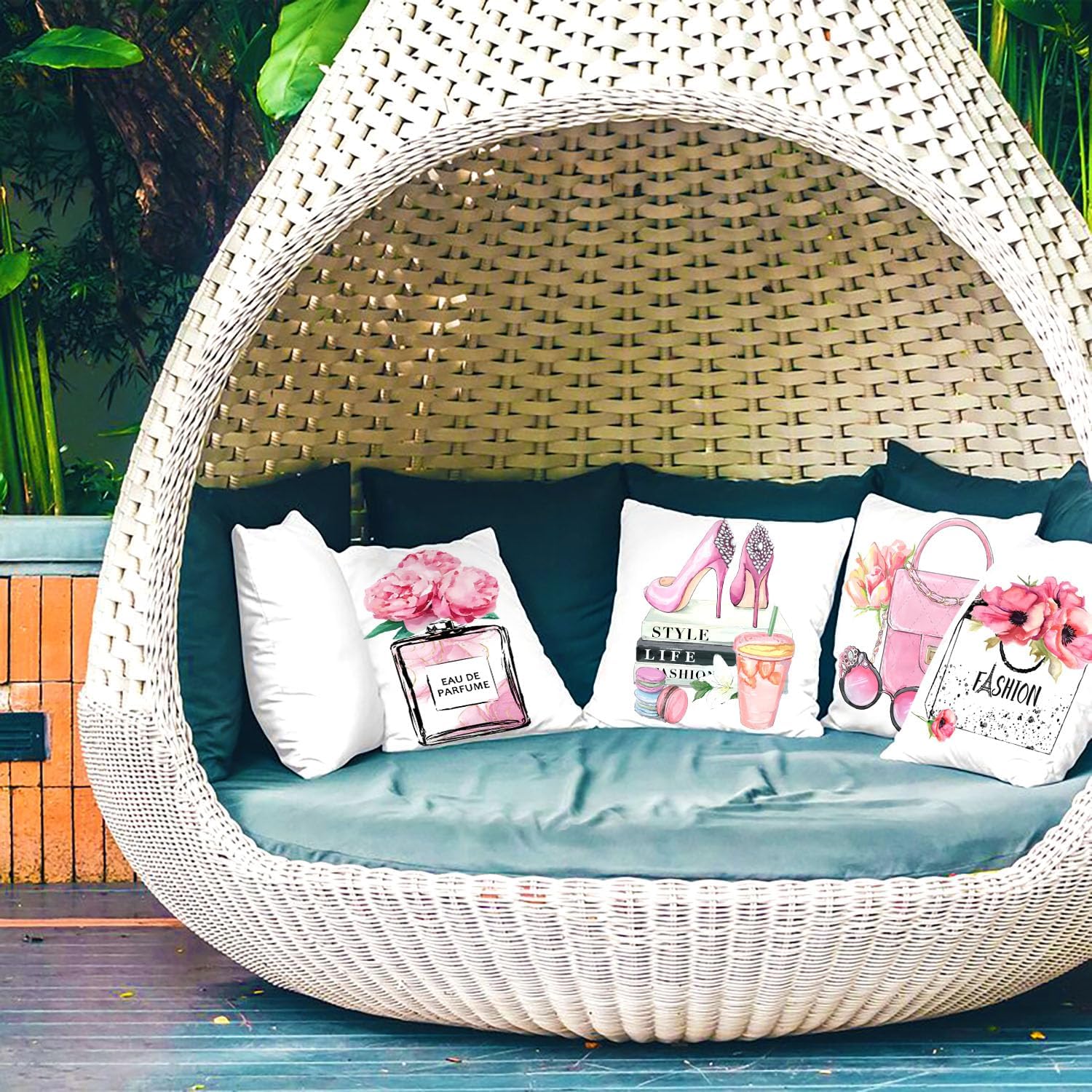 Set of 4 Throw Pillow Covers 18x18 Fashion Cute Decorative Pillow Covers Bed Sofa Couch Pillow Covers Pink Flower Gold Perfume Lipstick Paris Pink Accent Soft Velvet Pillowcases (Pink)