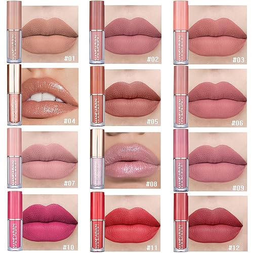 Miniatura 6 de MYUANGO Lápiz labial mate de terciopelo de 12 colores, líquido duradero, antiadherente, no se decolora, impermeable, juego de brillo labial con