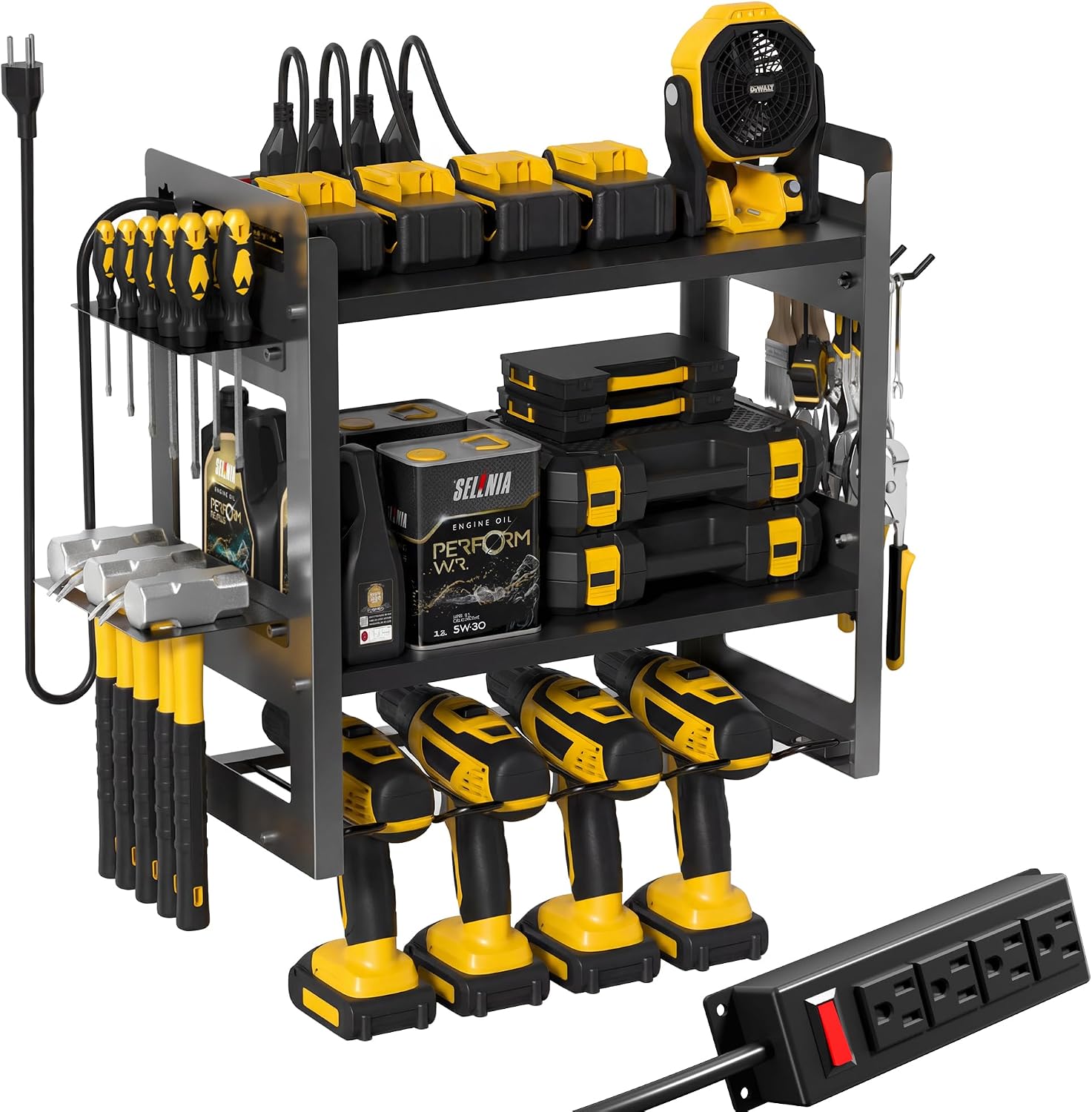 TOPRINCE Power Tool Organizer Wall Mount with Charging Station, 3-Tier Heavy Duty Metal Tool Rack with 4 Drill Holders and 6FT Power Strip, Garage Workshop Storage.Black