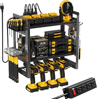TOPRINCE Power Tool Organizer Wall Mount with Charging Station, 3-Tier Heavy Duty Metal Tool Rack with 4 Drill Holders and 6FT Power Strip, Garage Workshop Storage.Black