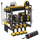 TOPRINCE Power Tool Organizer Wall Mount with Charging Station, 3-Tier Heavy Duty Metal Tool Rack with 4 Drill Holders and 6FT Power Strip, Garage Workshop Storage.Black