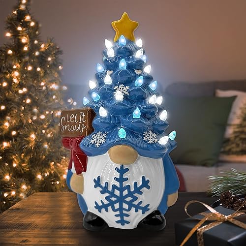 Miniatura 5 de Decoración de gnomos de muñeco de nieve de Navidad para el hogar, árbol de gnomo de cerámica iluminado, decoración del hogar de nieve azul de