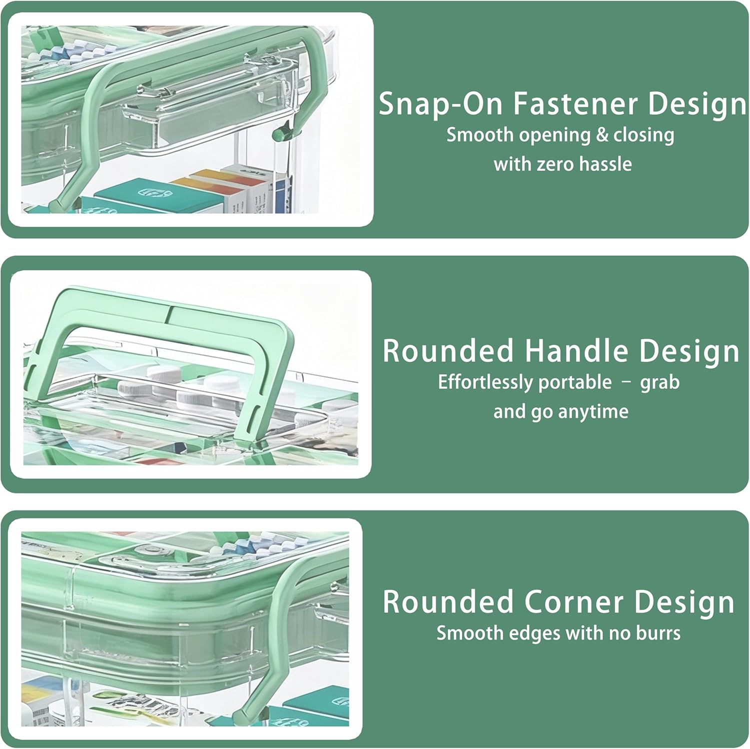 UFI Clear Medicine Storage Box with Lids, 2 Pack Portable First Aid Organizer with Handle, Stackable Storage Containers for Family Medical Supplies, Bathroom, Bedroom, Office(GREEN)