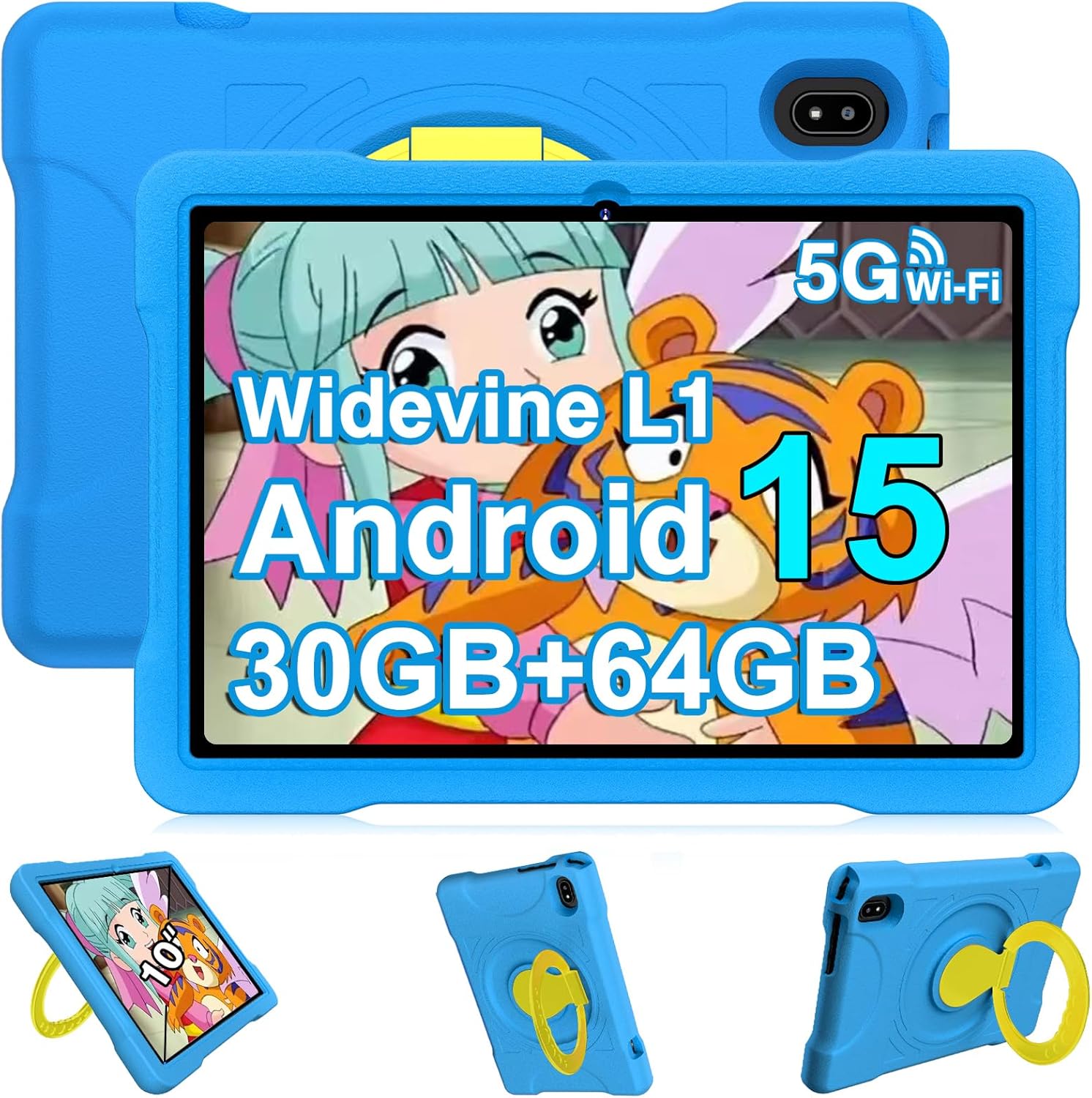 Kids Tablet 10 Inch Android 15 Tablets, 30GB RAM 64GB ROM 1TB Expand, Octa-Core Tablet with Gemini AI, 6000mAh, 5G WiFi, HD IPS Display, Widevine L1, Parental Control, Drop-Proof EVA Case - Blue