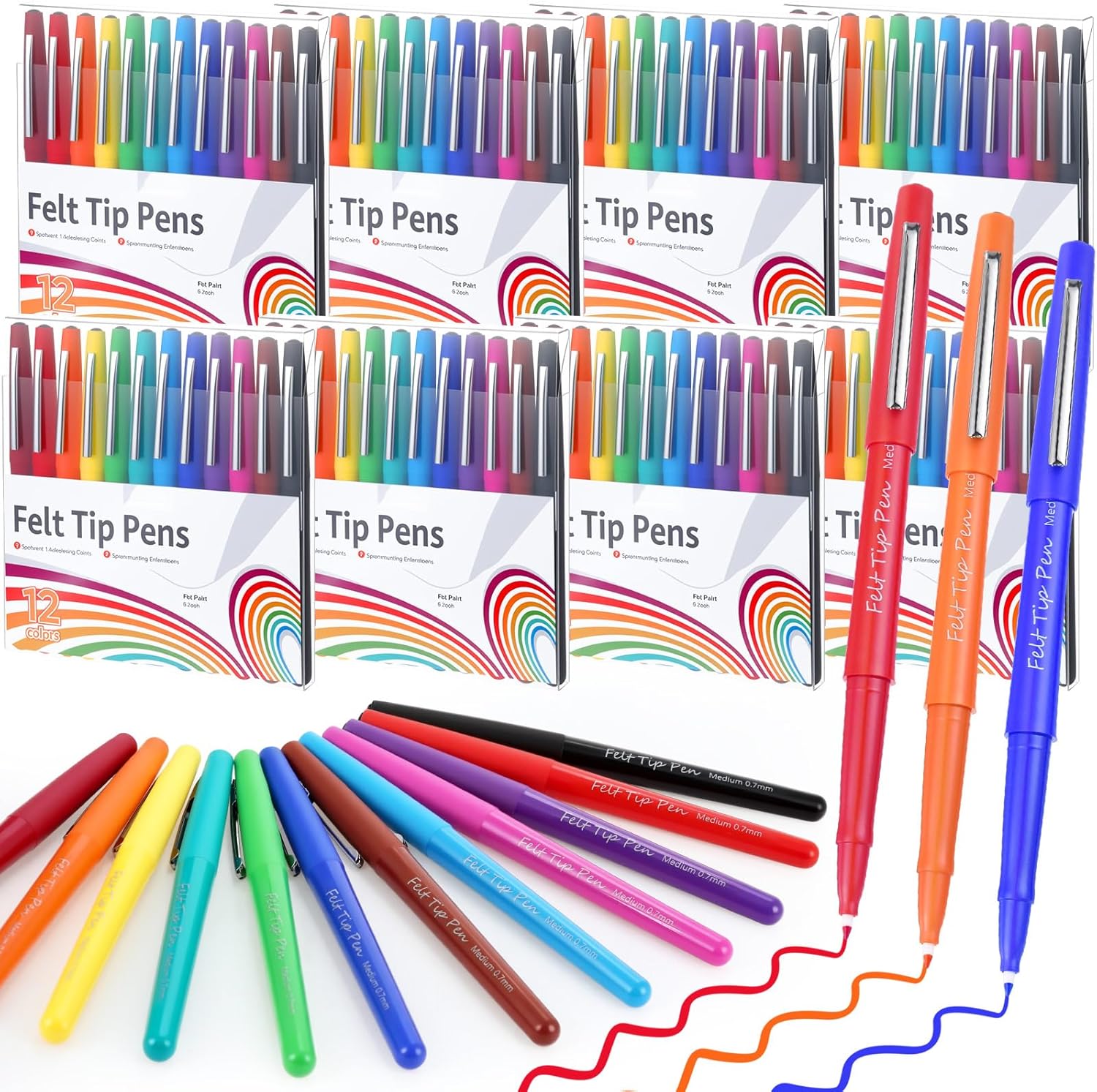 MotiMind 96 Pcs Felt Tip Pens 0.7mm Medium Point Felt Pen Bulk 12 Colors Markers Journal Planner for Teachers Journaling Writing Note Art Office Supplies