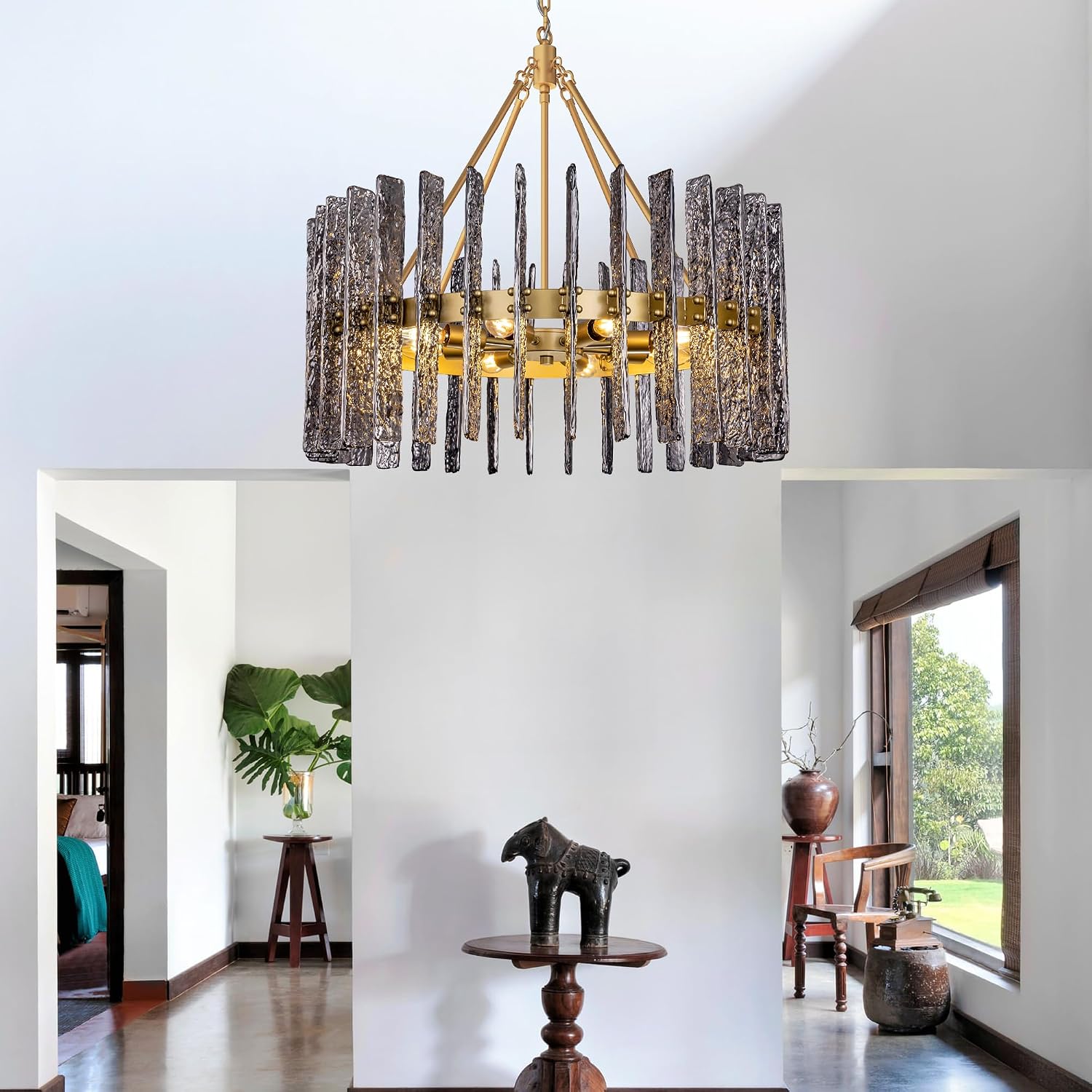 Wellmet Gold Chandelier for Dining Room 25",Modern Chandelier for Living Room,8 Lights Ceiling Fixture,Round Chandelier with Gray Glass Shade for Bedroom,Farmhouse Chandelier for Kitchen,Entryway
