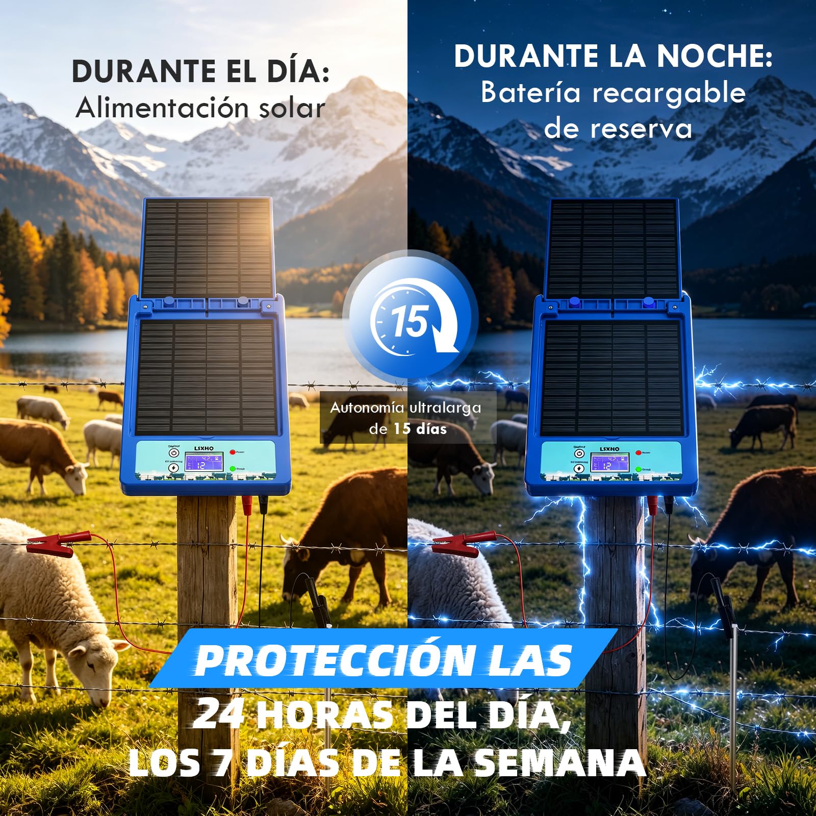 Cercado Eléctrico Solar 12V 32KM, 0.3-2J, 6KV-12KV Ajustable, Cerca Eléctrica con Batería de Litio 18Ah & Kit de Puesta a Tierra, Panel Solar 10W, Protección Confiable para Aves de Corral(Azul)