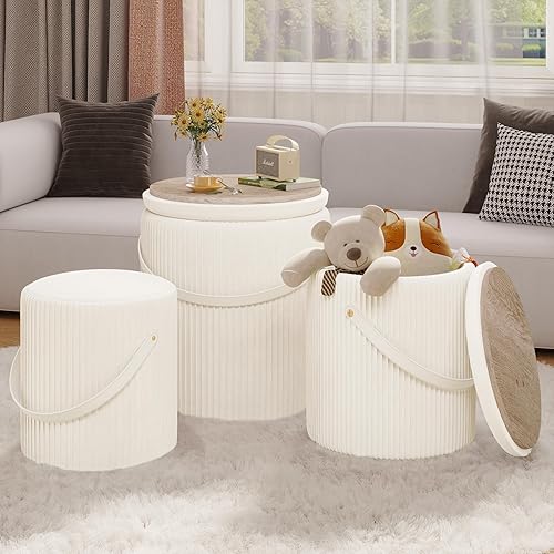 Round Ottoman with Storage,Ottoman Storage Set of 3 with Handle