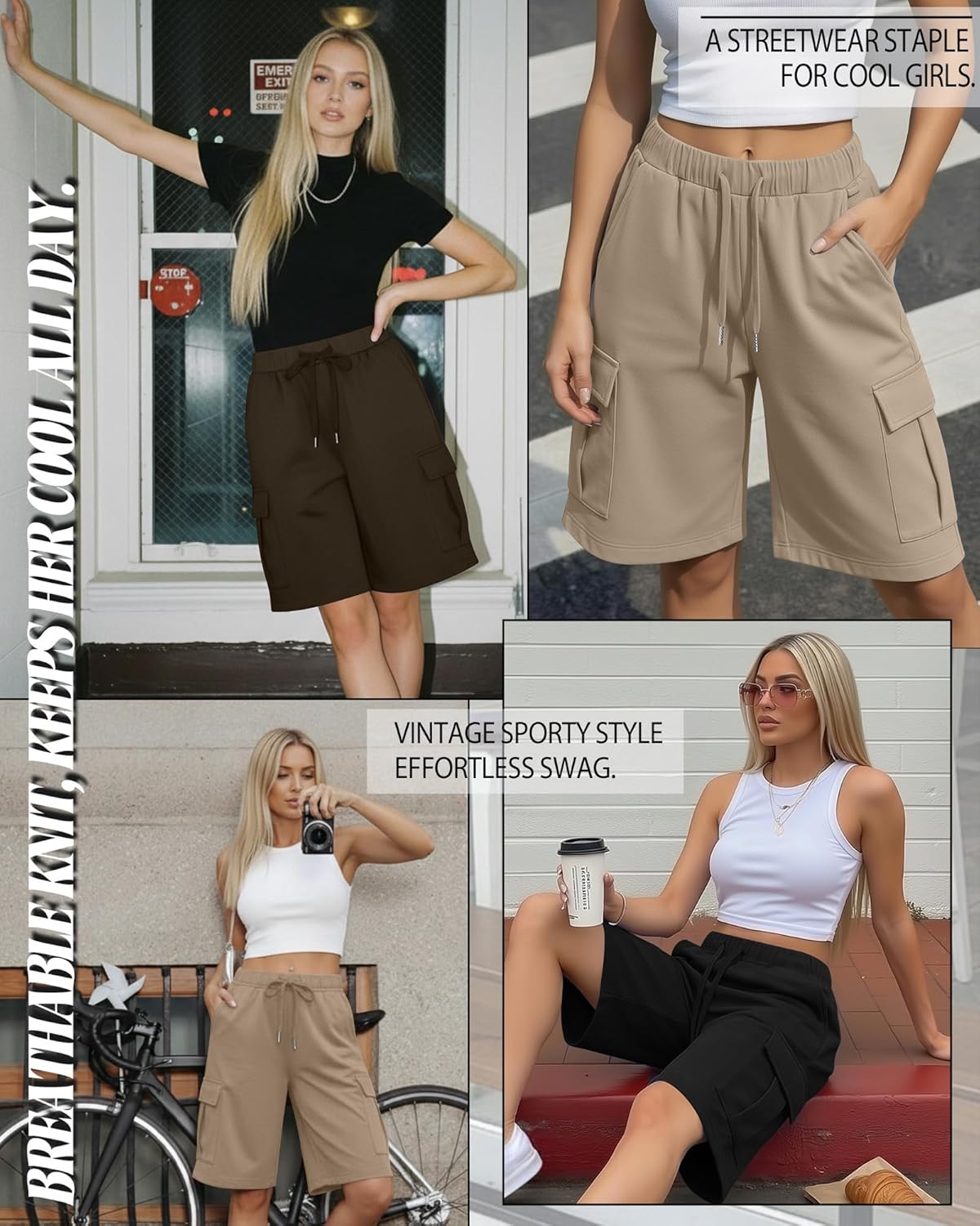3 Pack Women's Bermuda Shorts Cargo Wide Leg Knee Length Sweat Shorts Lounge Athletic Drawstring Short with Pocket