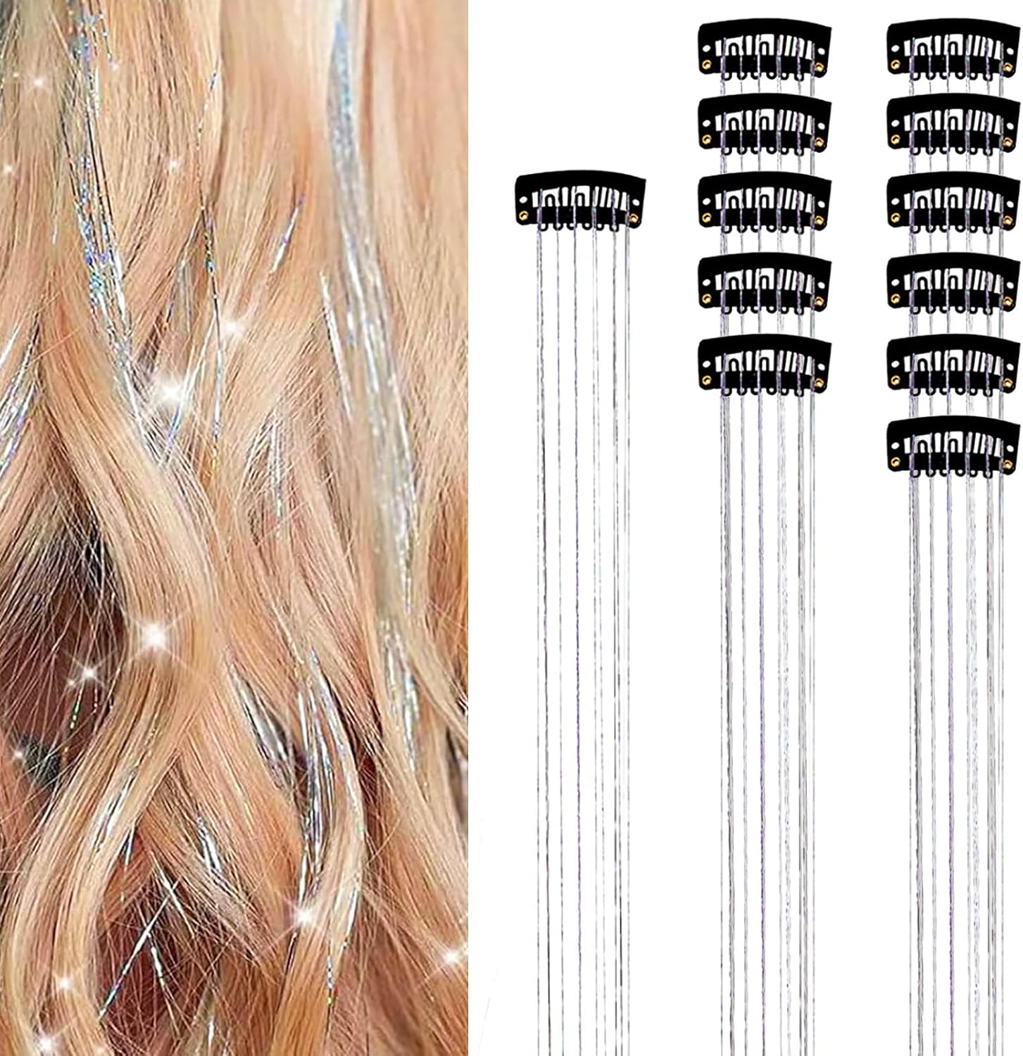 KMZ 12PCS Clip in Hair Tinsel Kit Hair Extension Tinsel 20 Inch Hair