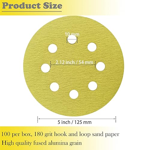 Miniatura 2 de Paquete de 100 discos de lija de 5 pulgadas, papel de lija de grano 180 para carpintería o automoción, papel de lija de órbita aleatoria sin polvo