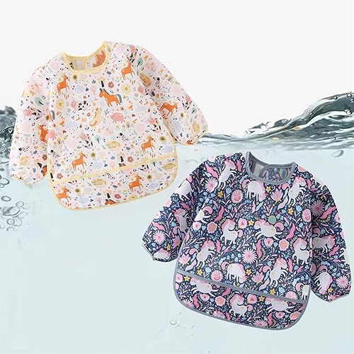 Miniatura 5 de Juego de 5 baberos impermeables de manga larga con bolsillo para niños pequeños de 6 a 30 meses