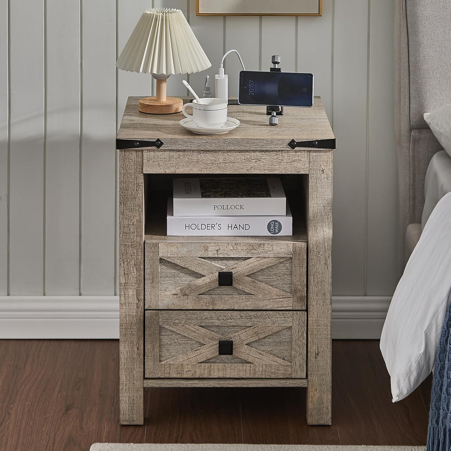 Gray Farmhouse Nightstand with Charging Station and Storage