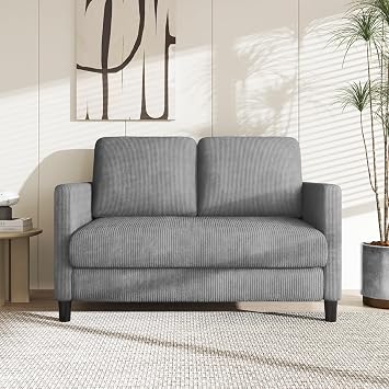 TOTEBOX 129cm Small 2-Seater Sofa Loveseat, Grey Long Comfy Corduroy Couch for Bedroom Living Room, with Spring Cushion, Deep Seat, Solid Wood Frame