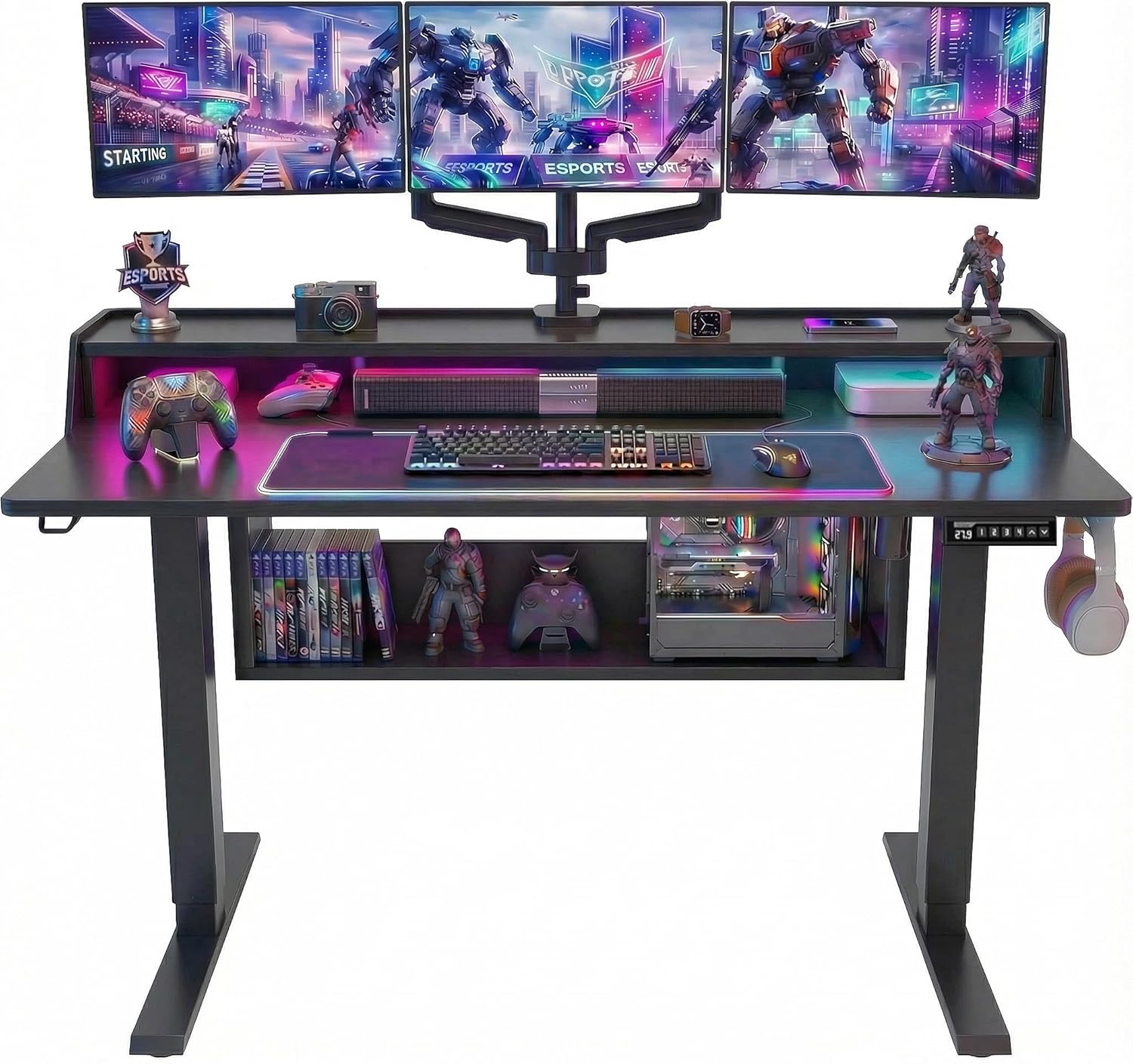 ErGear Electric Standing Desk, 55x28 Inch Adjustable Sit Stand Desk with Bookshelf & Monitor Stand, Standing Gaming Desk with LED Light Strip, Stand Up Desk for Home Office, Black