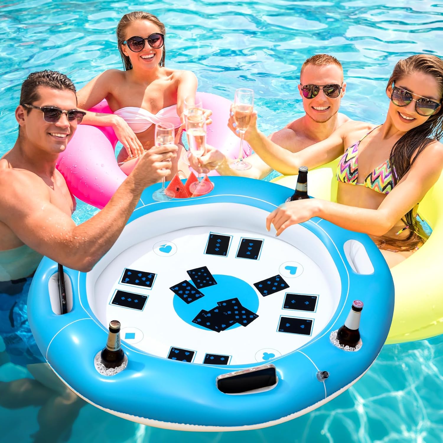 Honeydak Large Floating Game Table for Pool, 40" x 40" Inflatable Floating Table, Pool Accessories Hot Tub Tray, Food Drink Holder Cooler Containers for Summer Beach Party