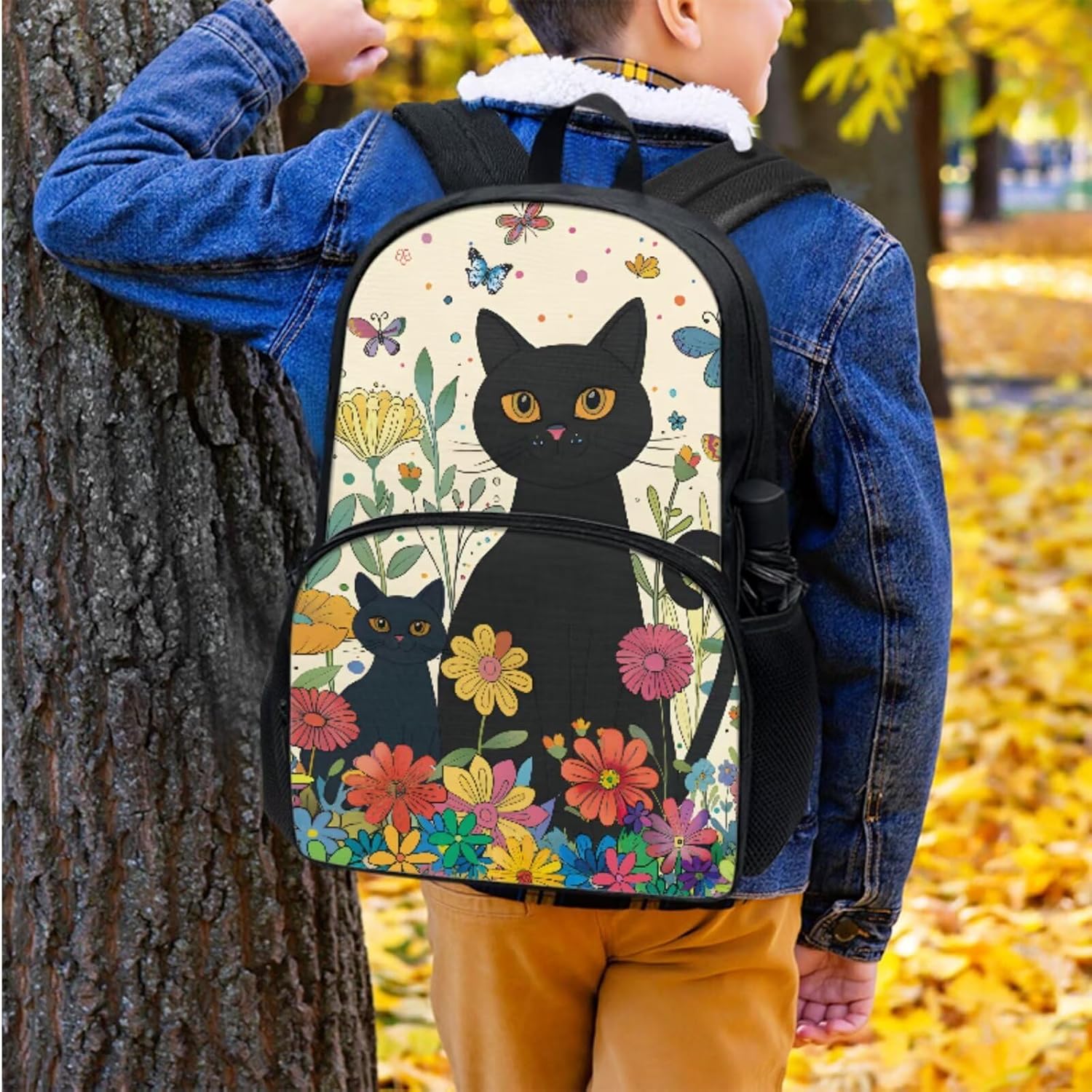 Horeset Floral Black Cat School Bags Set for Girls Sport Travel Kids Backpack with Picnic Lunch Box Water Bottle Bag Set of 3Pcs Large Capacity Bookbag Backpack for Primary Middle School Student