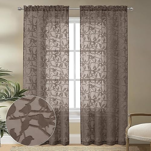 Vista 135 de OVZME - Anji Cortinas semitraslúcidas de gasa, ligeras, vaporosas, privacidad, textura, bolsillo barra doble, pájaros recortados, dormitorio, sala