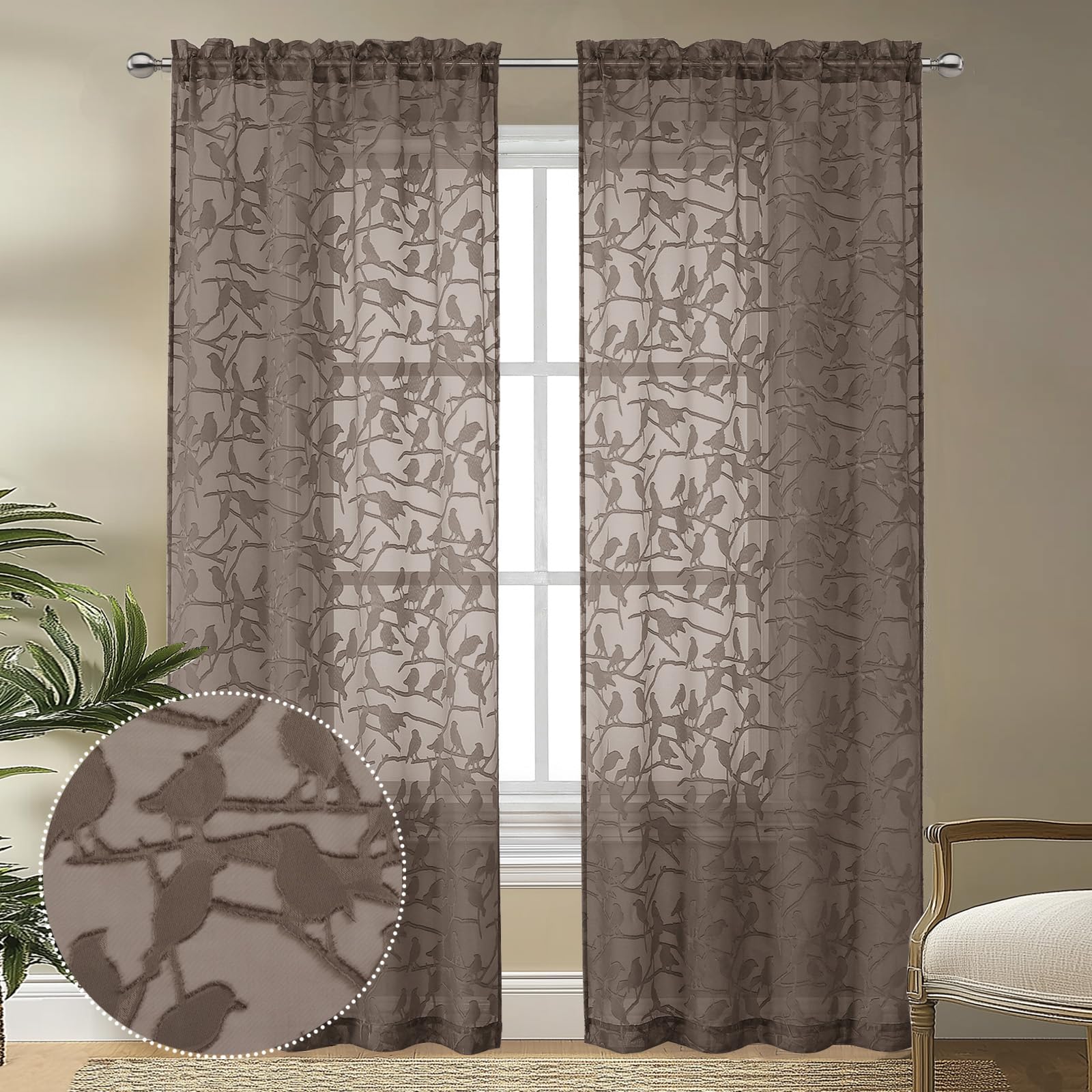 OVZME Textured Brown Sheer Curtains 84 inch Length 2 Panels Set for Living Room, Anji Bird Semi Voile Balance Privacy & Light Rod Pocket Elegant