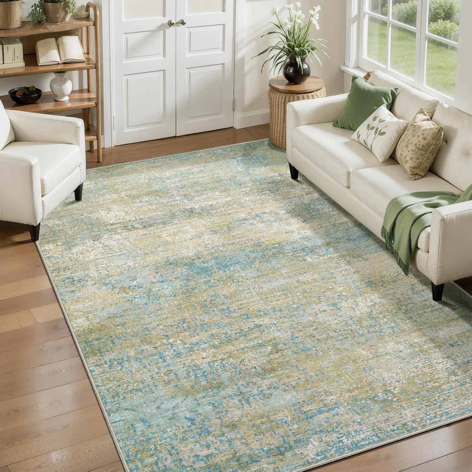 Tangsoo Abstract 3x5 Area Rug, Washable Non Slip Indoor Rugs, Modern Accent Rug Print Small Carpet, Contemporary Soft Low Pile Rugs for Living Room Entryway Dorm Bedroom Bedside Blue/Green/Beige