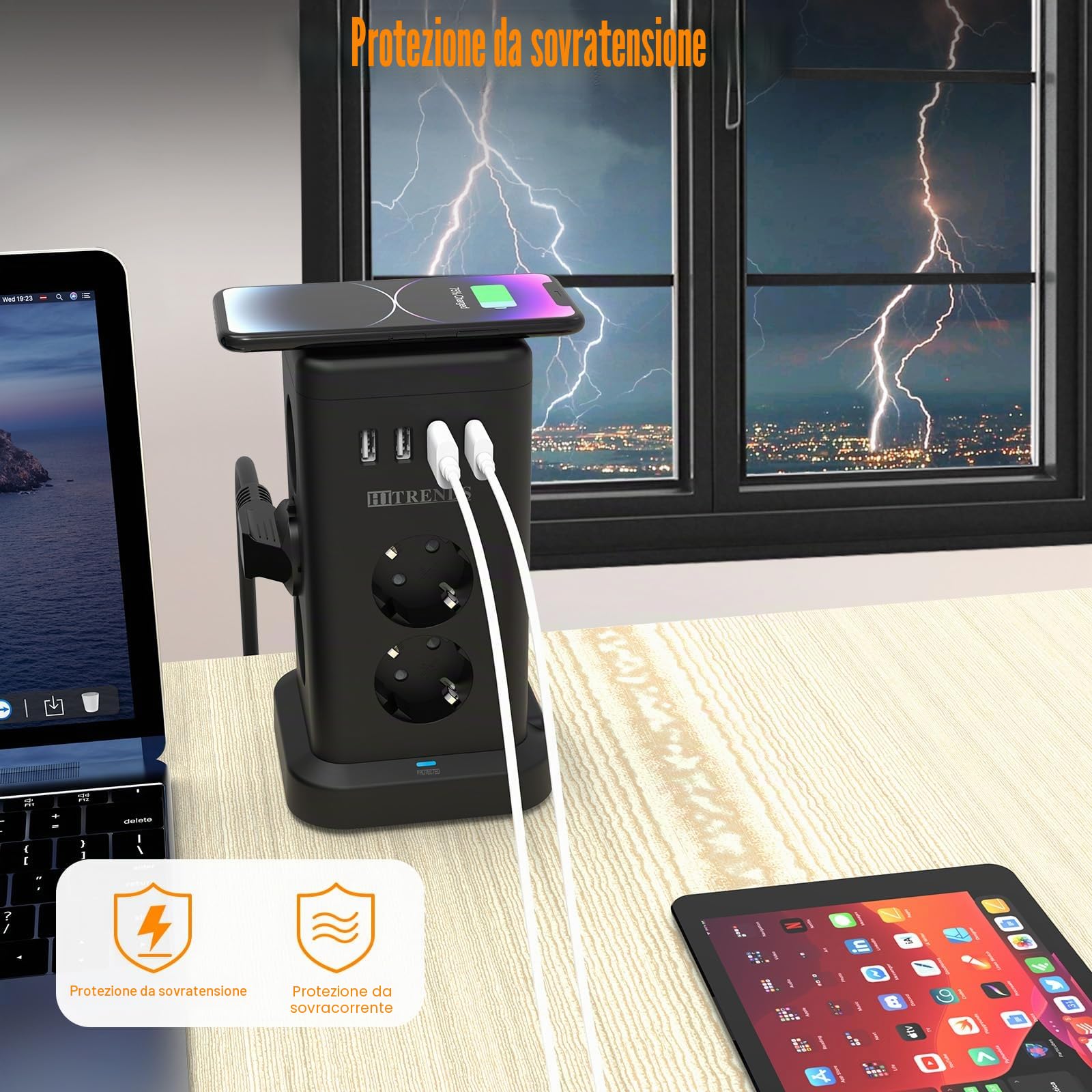 Torre di Prese 11-in-1 con Ricarica Wireless | Protezione da Sovratensione con Interruttore | 16A 3680W | Ciabatta (11 Schuko + 4 USB) | Cavo di Prolunga 2m | per Ufficio, Nero