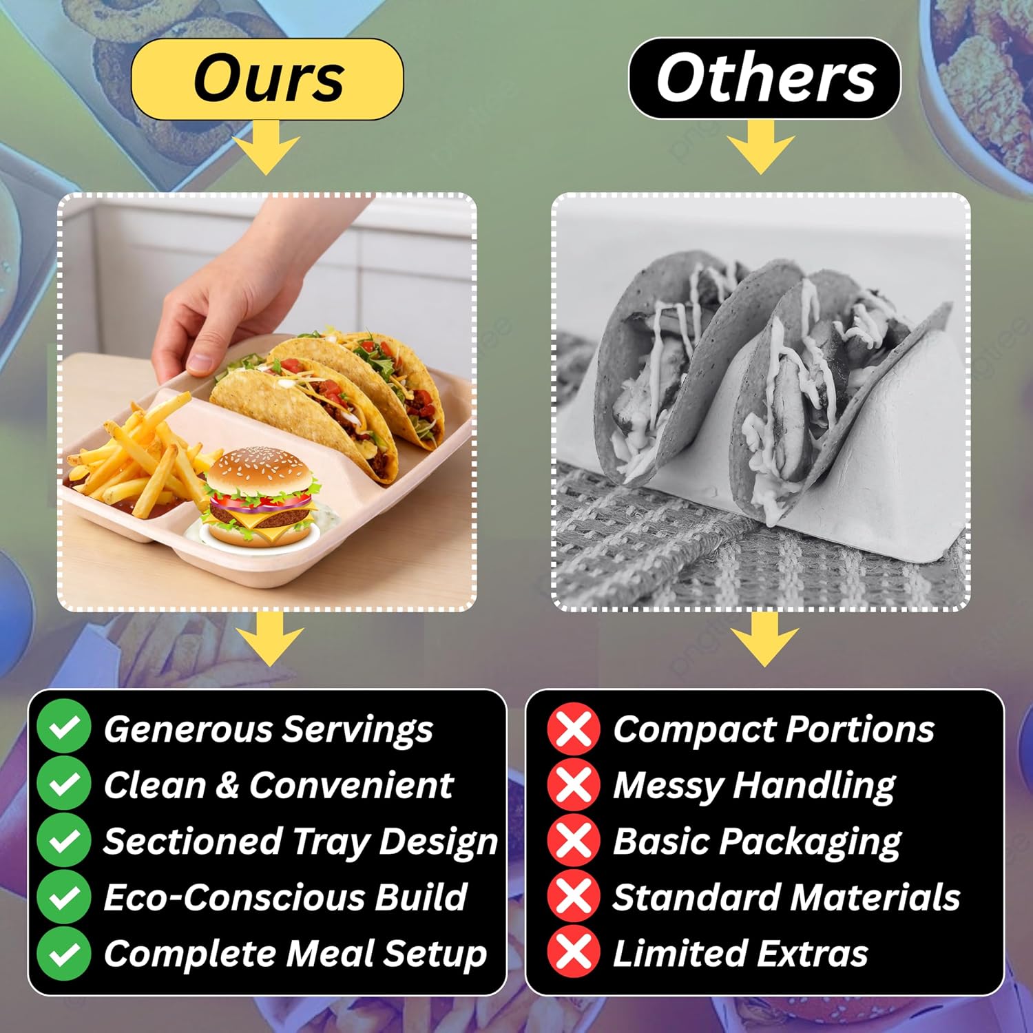 Disposable Taco Plates – 2 Taco & 2 Side Compartments, Eco-Friendly Paper Taco Holder Tray, Sturdy Taco Stand for Taco Tuesday, Parties & Taco Bar, Microwave-Safe Taco Plates (25 Plates)