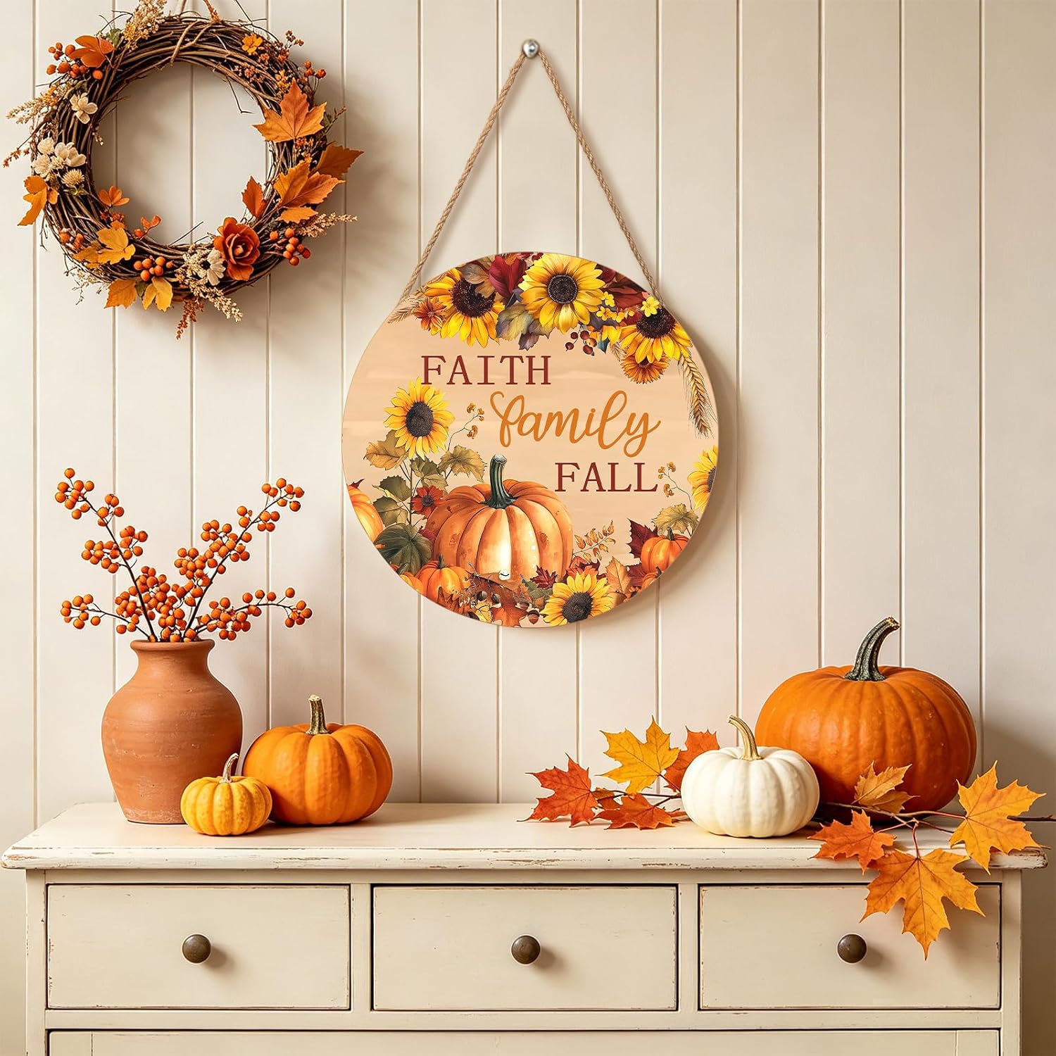 Faith Family Fall Front Door Sign Fall Sunflower Pumpkin Door Decorations Wood Sign Autumn Harvest Wreath Door Hanger Farmhouse Fall Plaques Wall Hanging Decoration for Home Proch Yard 12"x12"