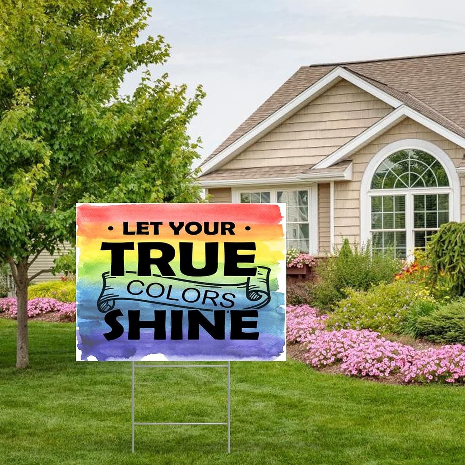 Gay Lesbian Pride Yard Sign 18"x24" Let Your True Colors Shine LGBT Rainbow Sign for Parades Same Sex Welcome Banner Double Sided Corrugated Plastic Outdoor Yard Sign with H-Stake Lawn Decor