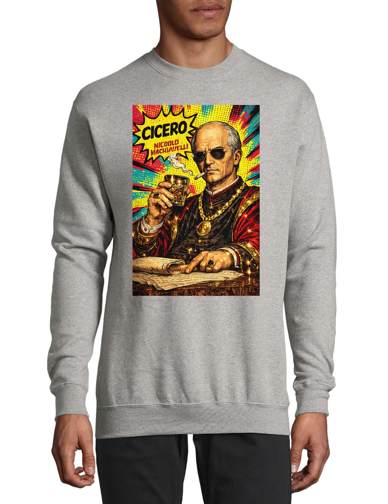 Stylowy mężczyzna z napojem i przewijaniem bawełniany sweter sweter sweter szary mały