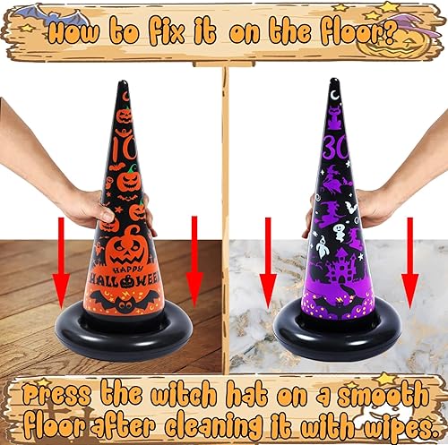 Miniatura 4 de Juego de 10 piezas de sombrero de bruja inflable de Halloween, juegos de lanzamiento de anillos con 6 anillos y bomba de bomba, decoración de juegos